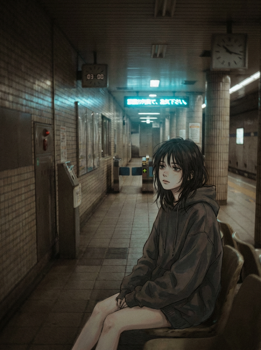 AI generated image using NANO_BANANA_PRO: Liminal space aesthetic, anime girl waiting alone in empty Japanese subway stati...
