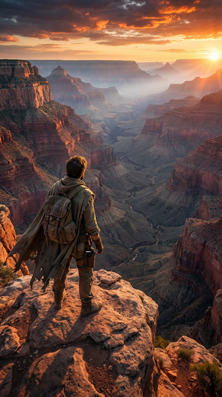 AI generated image using NANO_BANANA_PRO: A solitary traveler standing at the edge of a vast, unknown canyon, gazing into ...