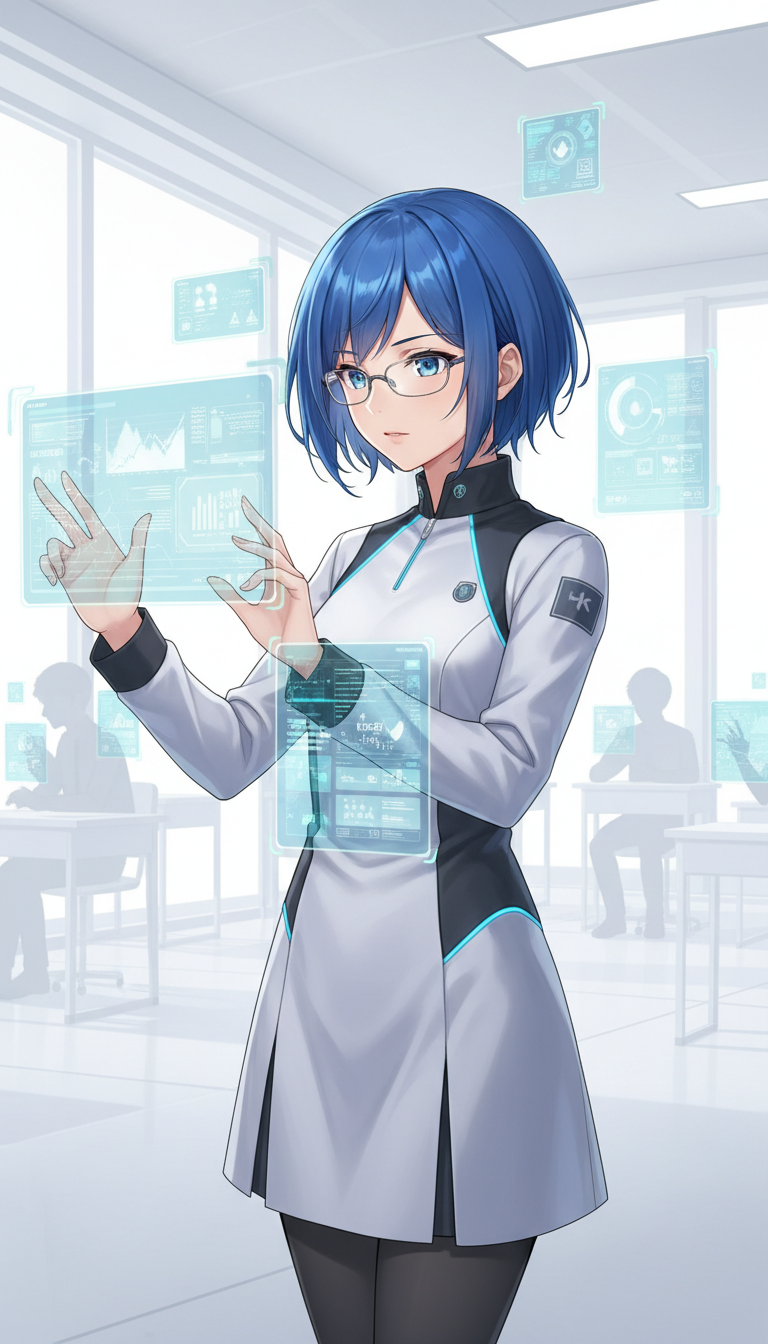 AI generated image using NANO_BANANA: Clean, modern anime style, a sharp-eyed student with asymmetrical blue hair and ...