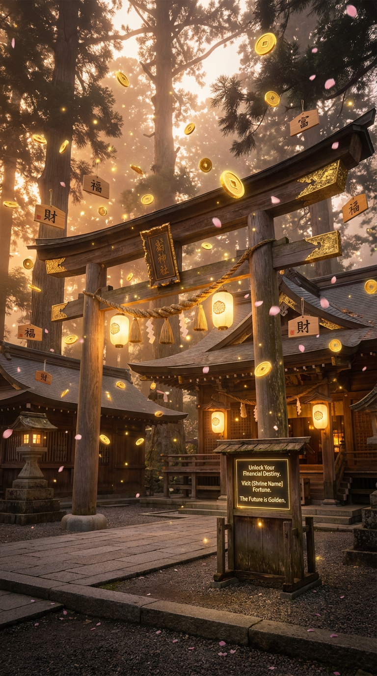 AI generated image using NANO_BANANA_PRO: A majestic Japanese Shinto shrine bathed in ethereal golden light, symbolizing w...