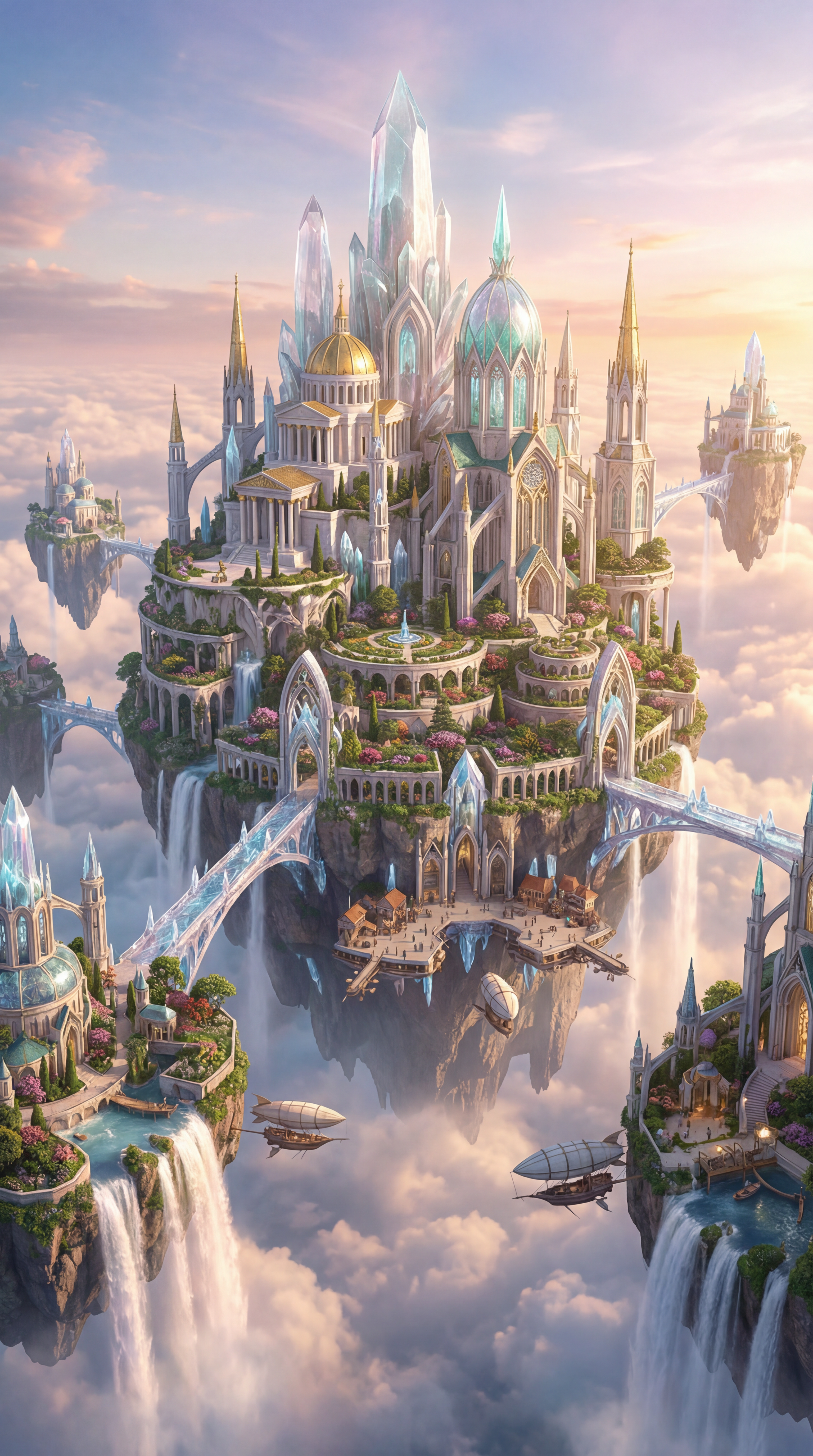 AI generated image using NANO_BANANA_PRO: A sky city floating above a sea of clouds, composed of one vast main floating is...