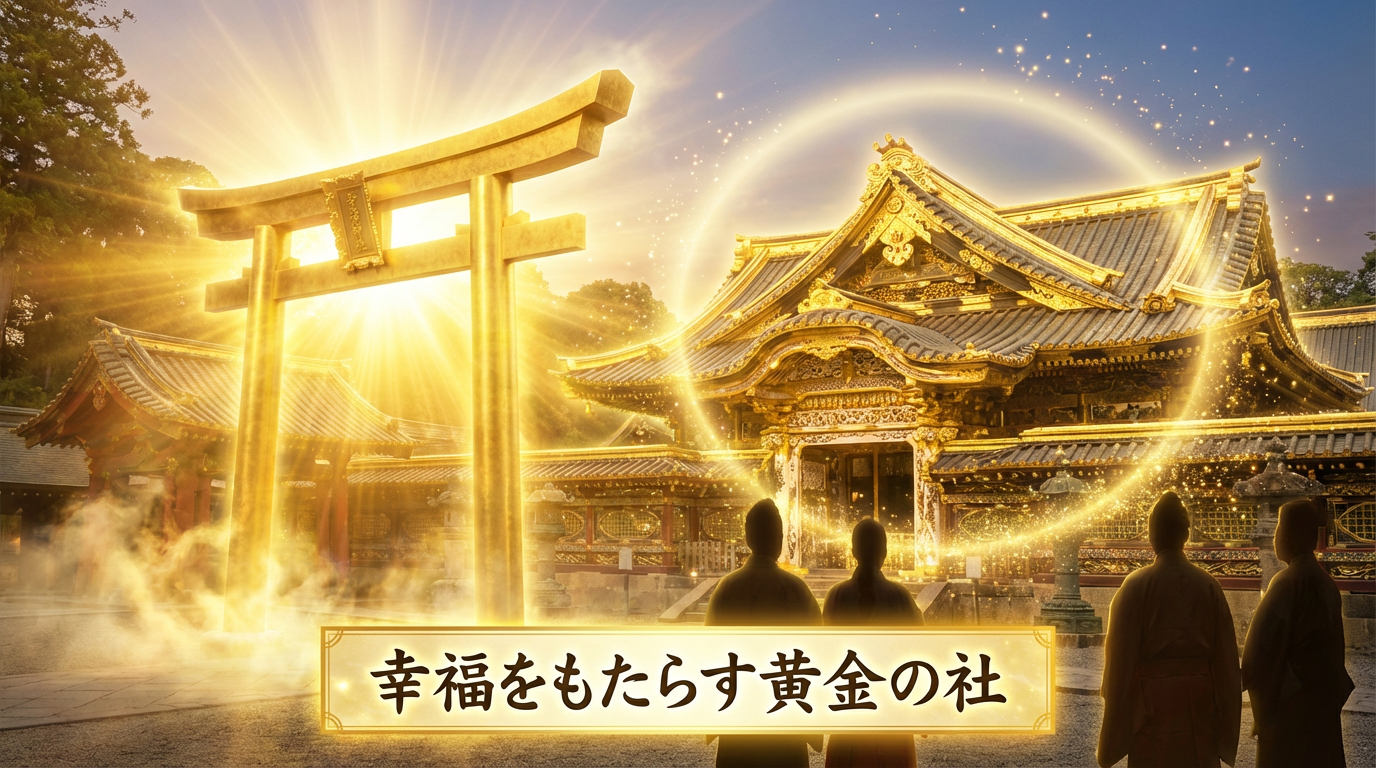 AI generated image using NANO_BANANA_PRO: A mystical Japanese Shinto shrine glowing intensely in brilliant gold, enveloped...