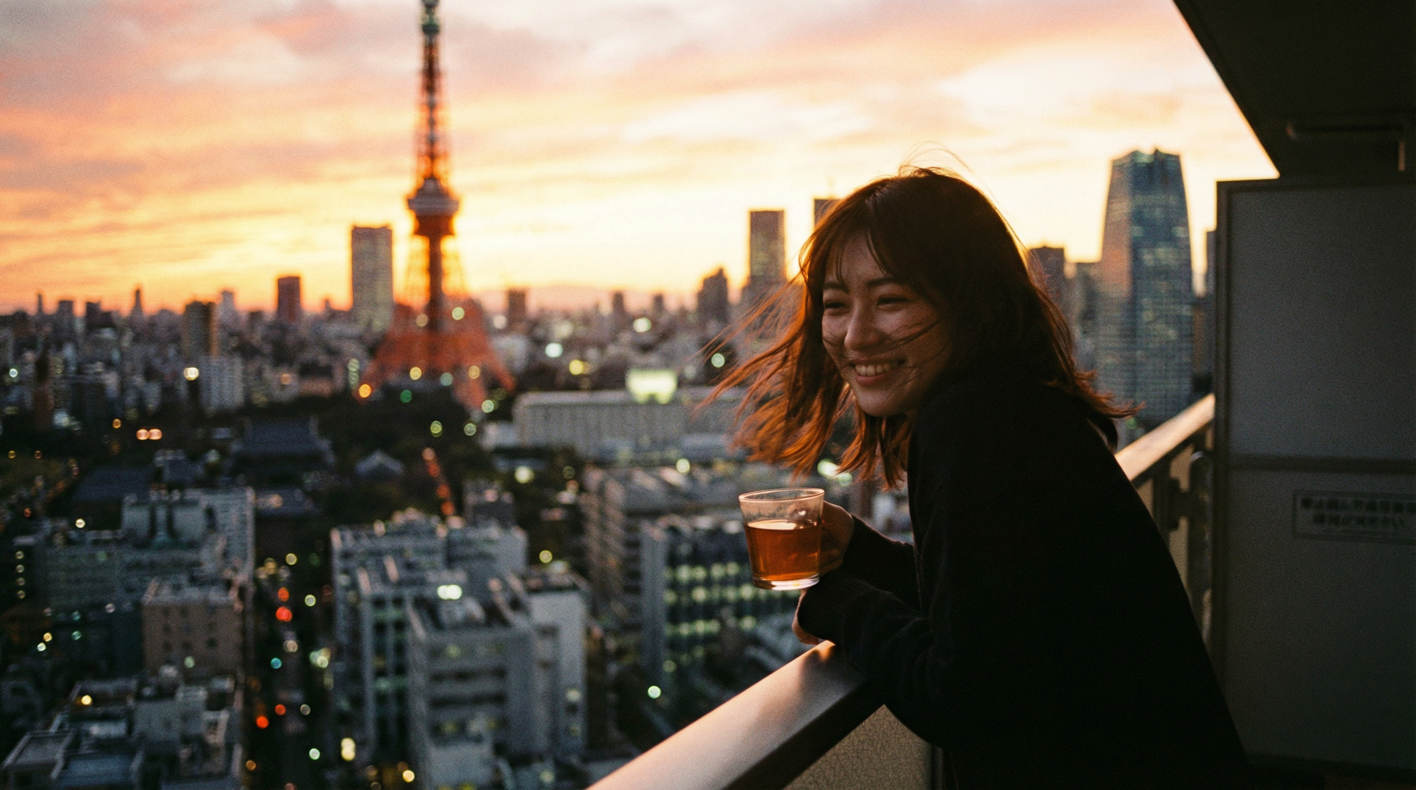 AI generated image using NANO_BANANA_PRO: A beautiful 20-year-old Japanese woman standing on a balcony, with a view of the...