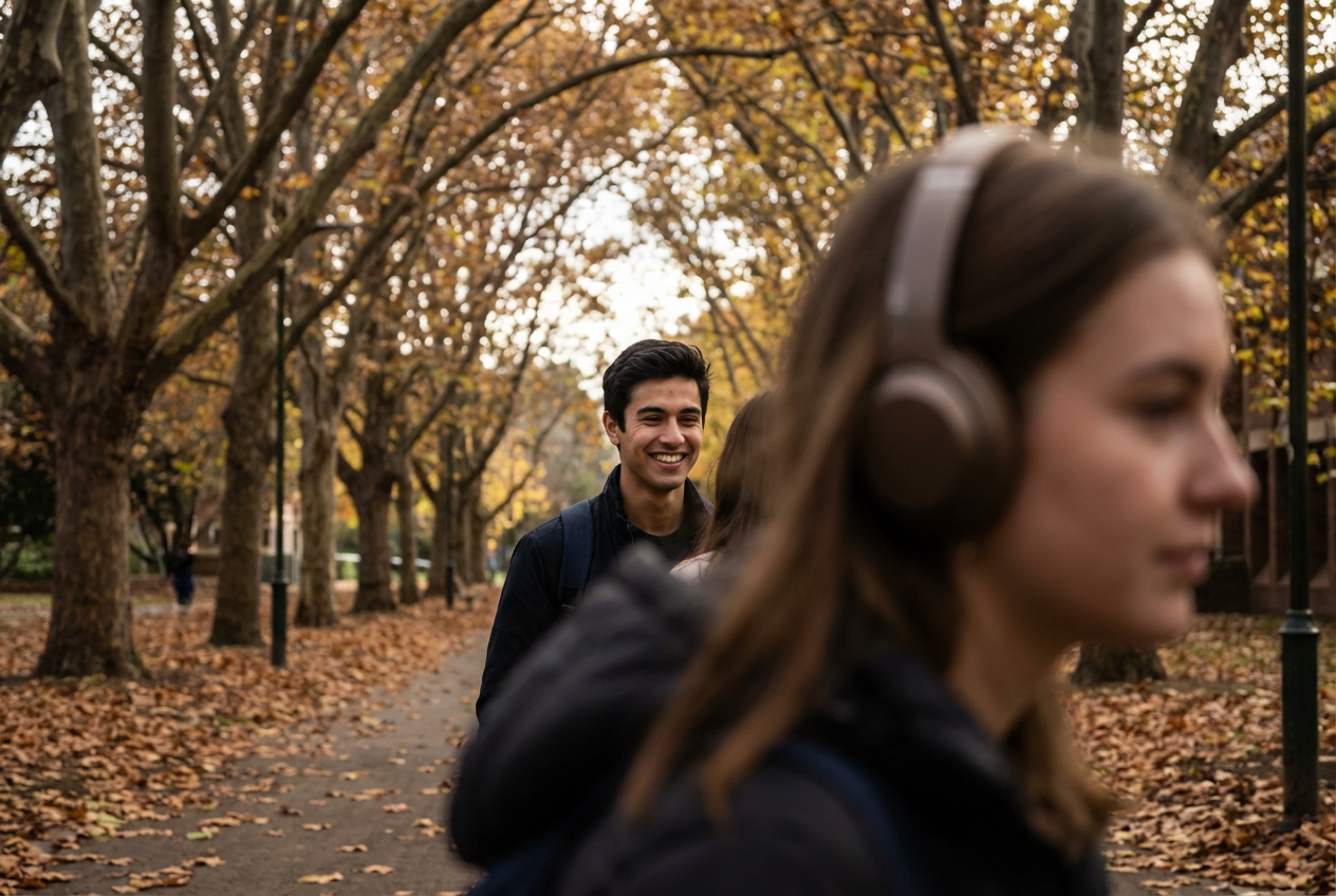 AI generated image using NANO_BANANA_PRO: No text in the image.  On the plane tree-lined path of the university campus, sh...