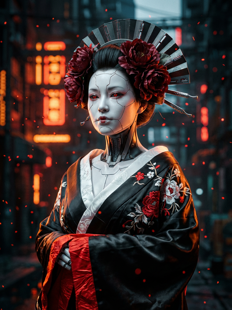 AI generated image using NANO_BANANA_PRO: Subject: Cyberpunk Geisha, porcelain-white mechanical skin adorned with fine wel...