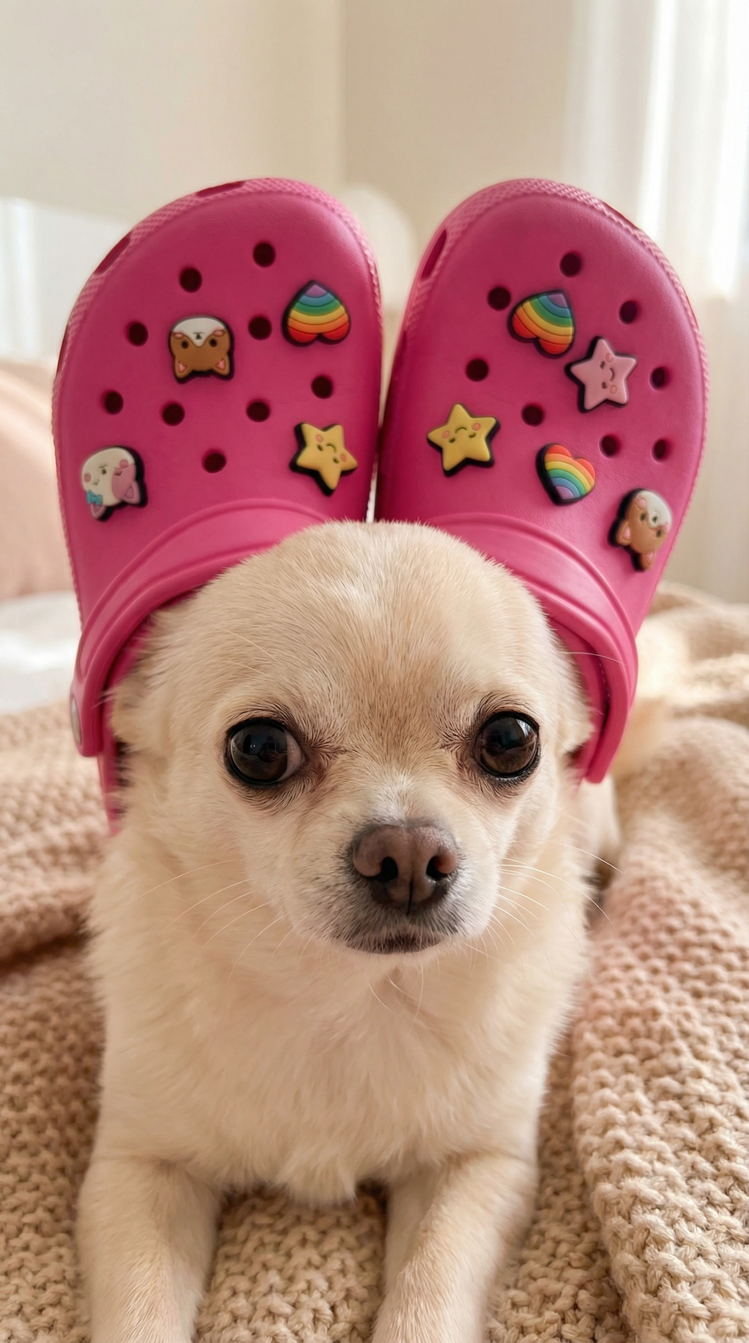 AI generated image using NANO_BANANA_PRO: Ultra-cute close-up portrait of a small cream-colored chihuahua wearing oversize...