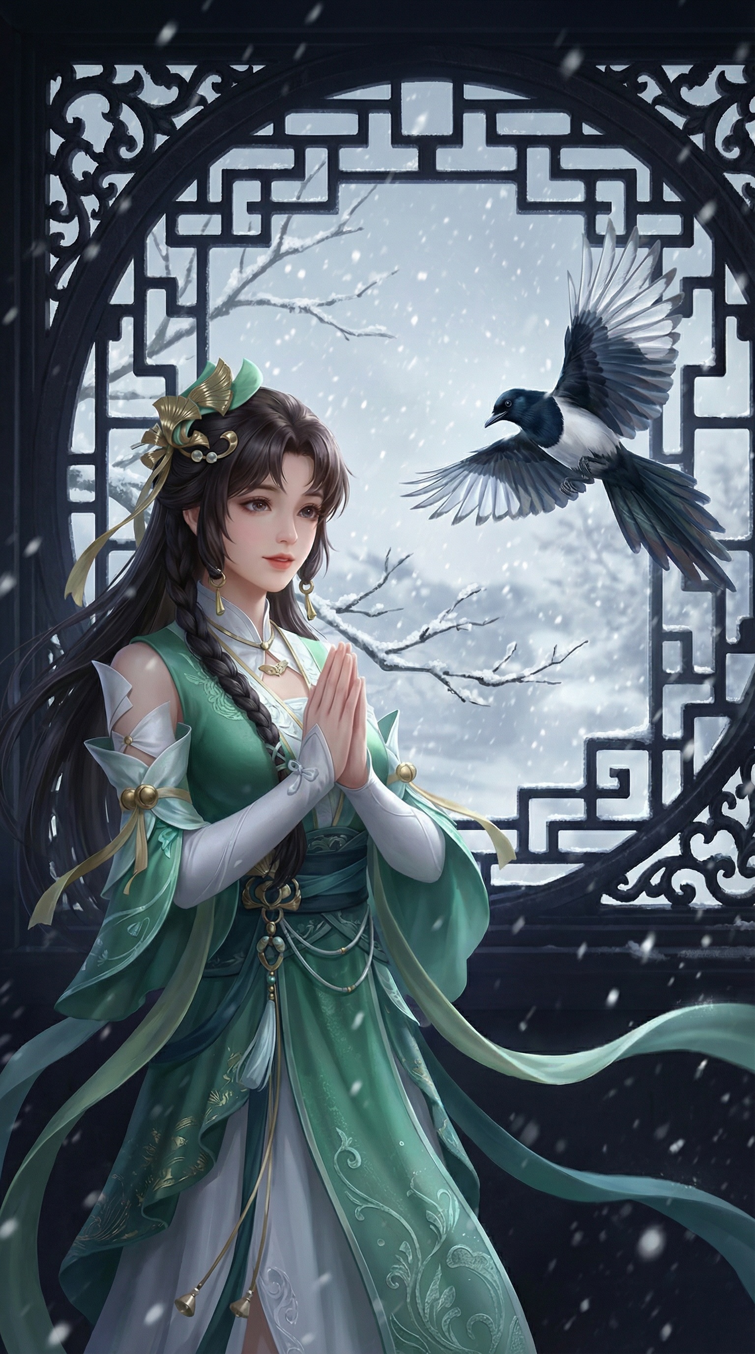 AI generated image using NANO_BANANA_PRO: League of Legends style, Jiangnan classical window lattice silhouette, Xiao Qiao...