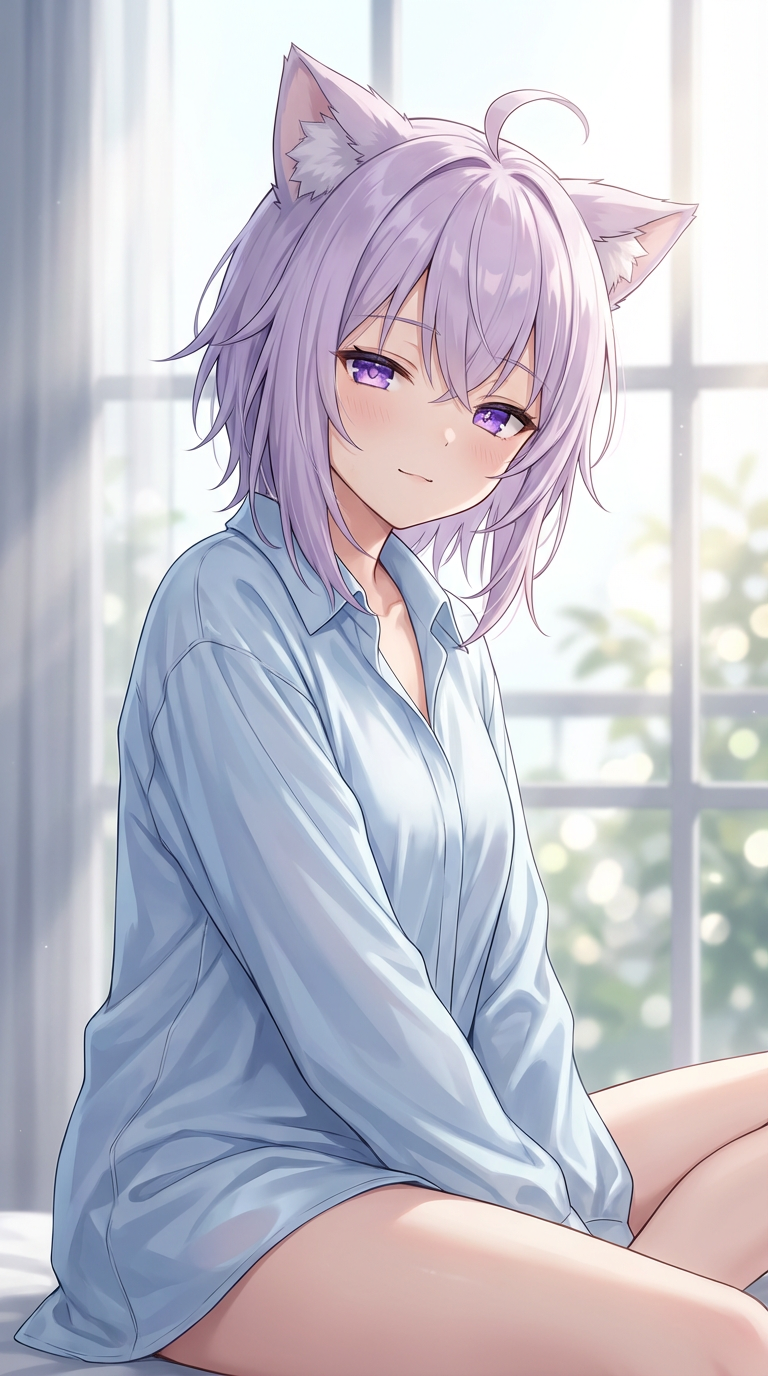 AI generated image using NANO_BANANA_PRO: Subject: A cat-eared girl with messy light purple hair and purple star-shaped pu...