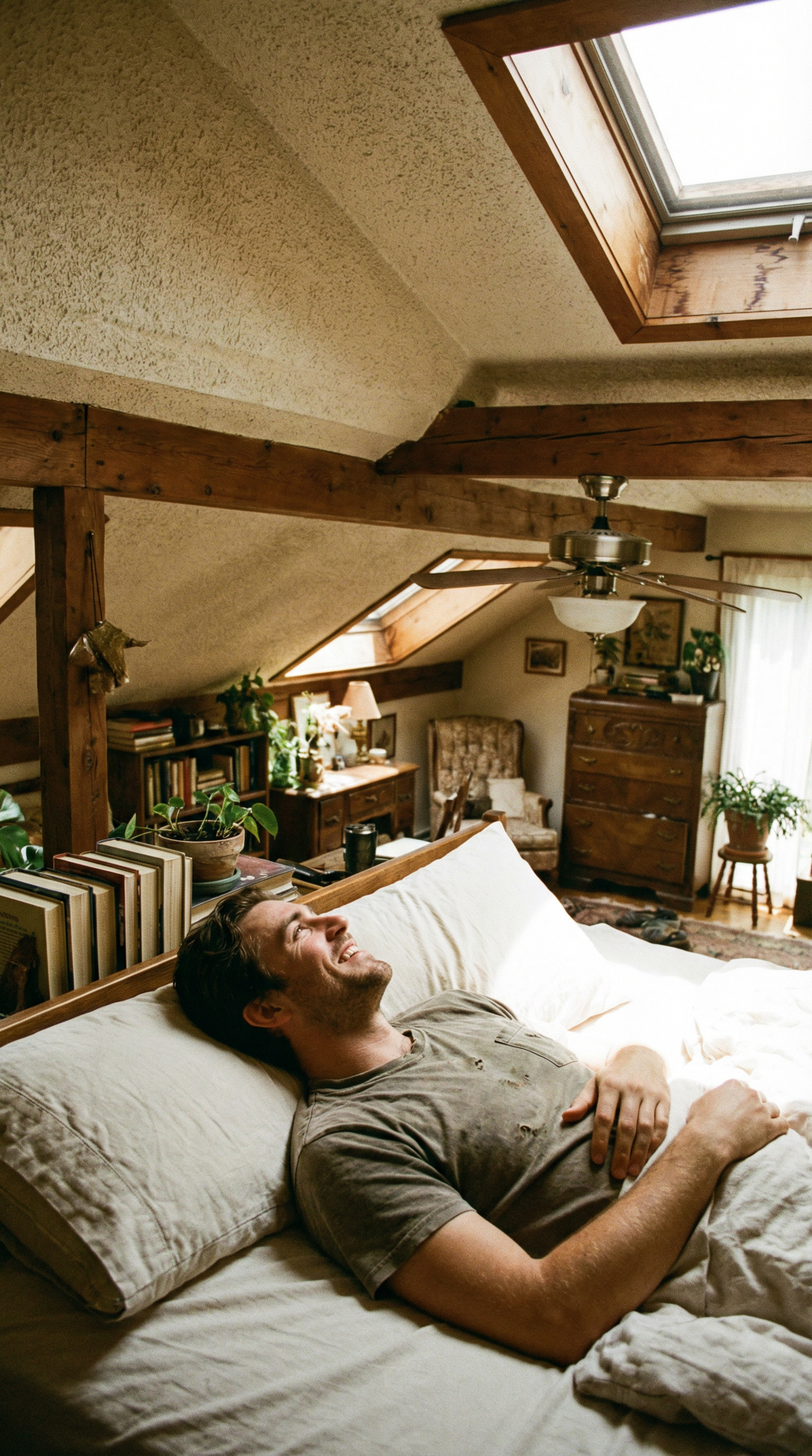 AI generated image using NANO_BANANA_PRO: A man looking at the ceiling of the room while lying in bed