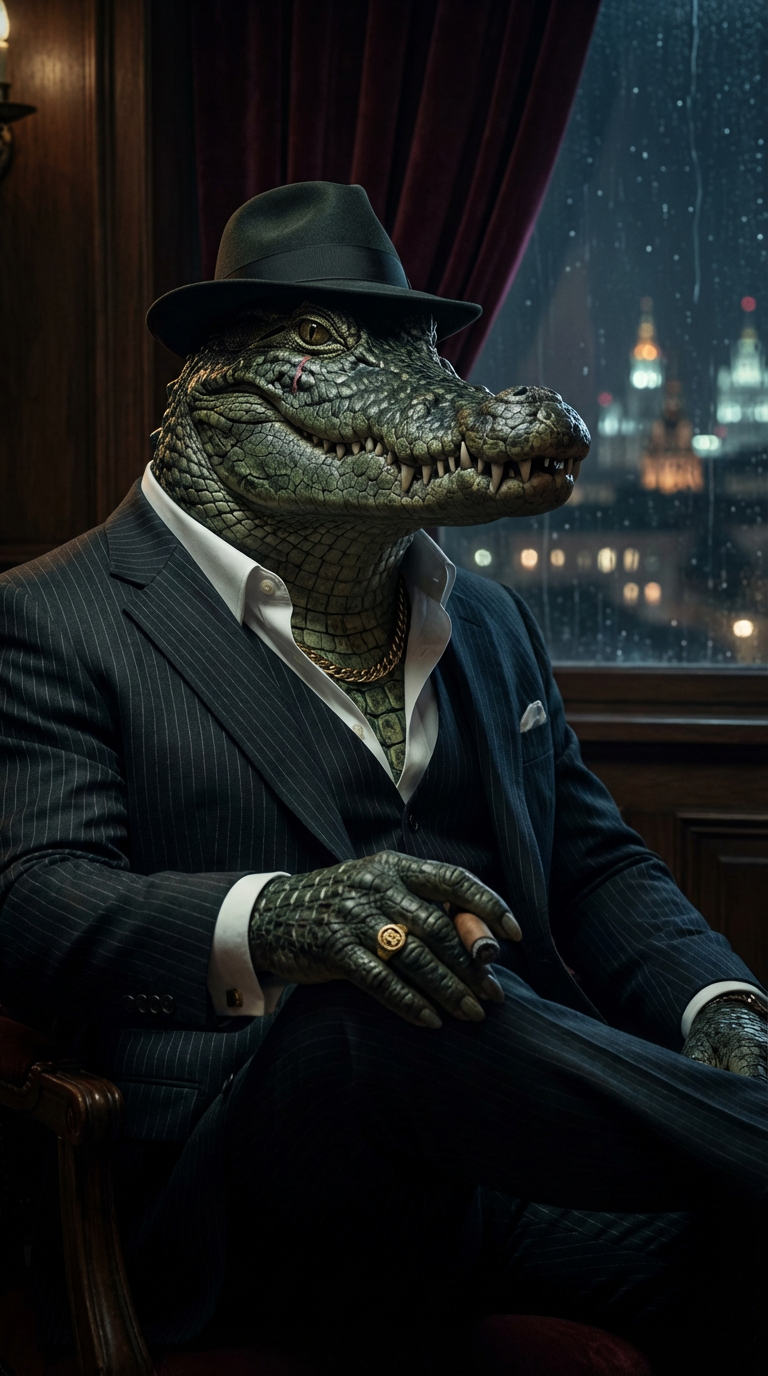 AI generated image using NANO_BANANA_PRO: Ultra-realistic portrait of Gena the Crocodile reimagined as a Russian mafia bos...