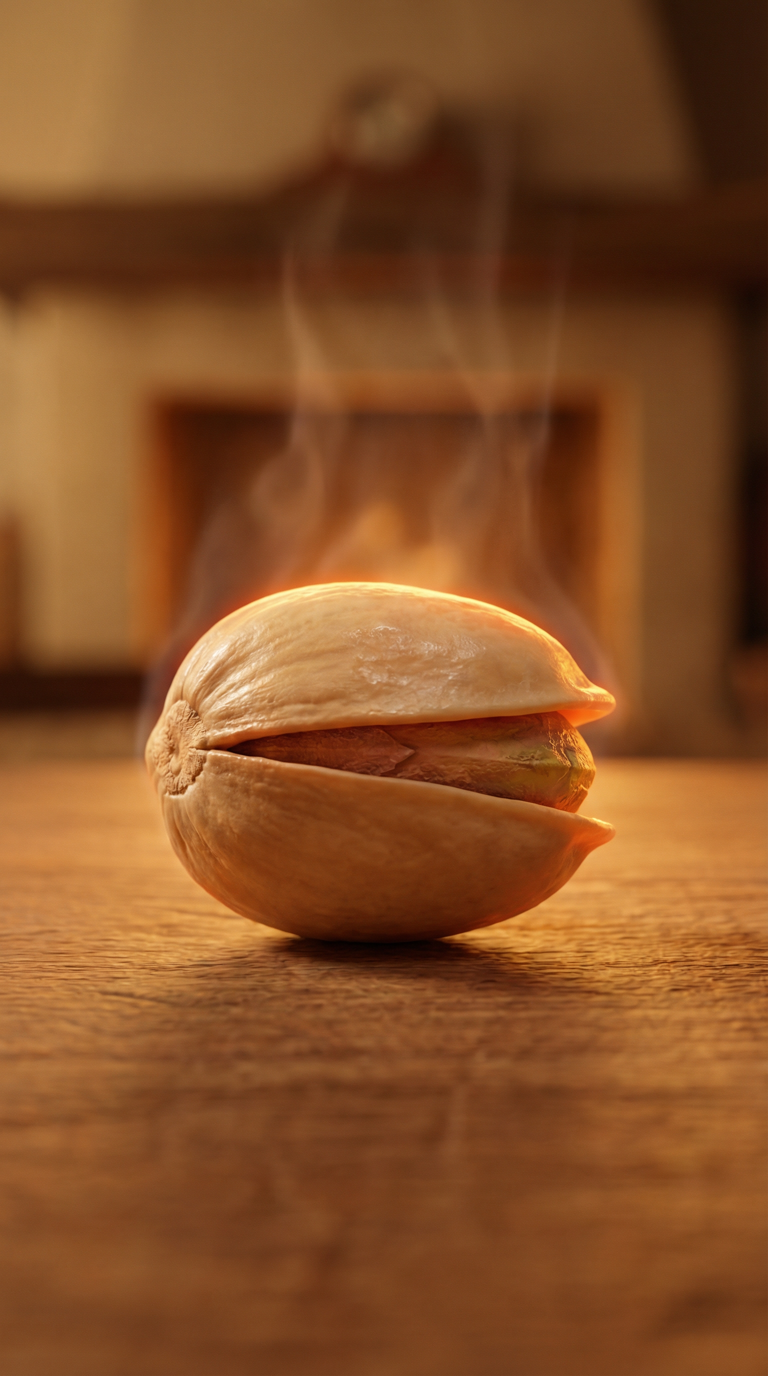 AI generated image using NANO_BANANA_PRO: A realistic yet cartoon‑style close‑up of a closed pistachio sitting on a warm s...
