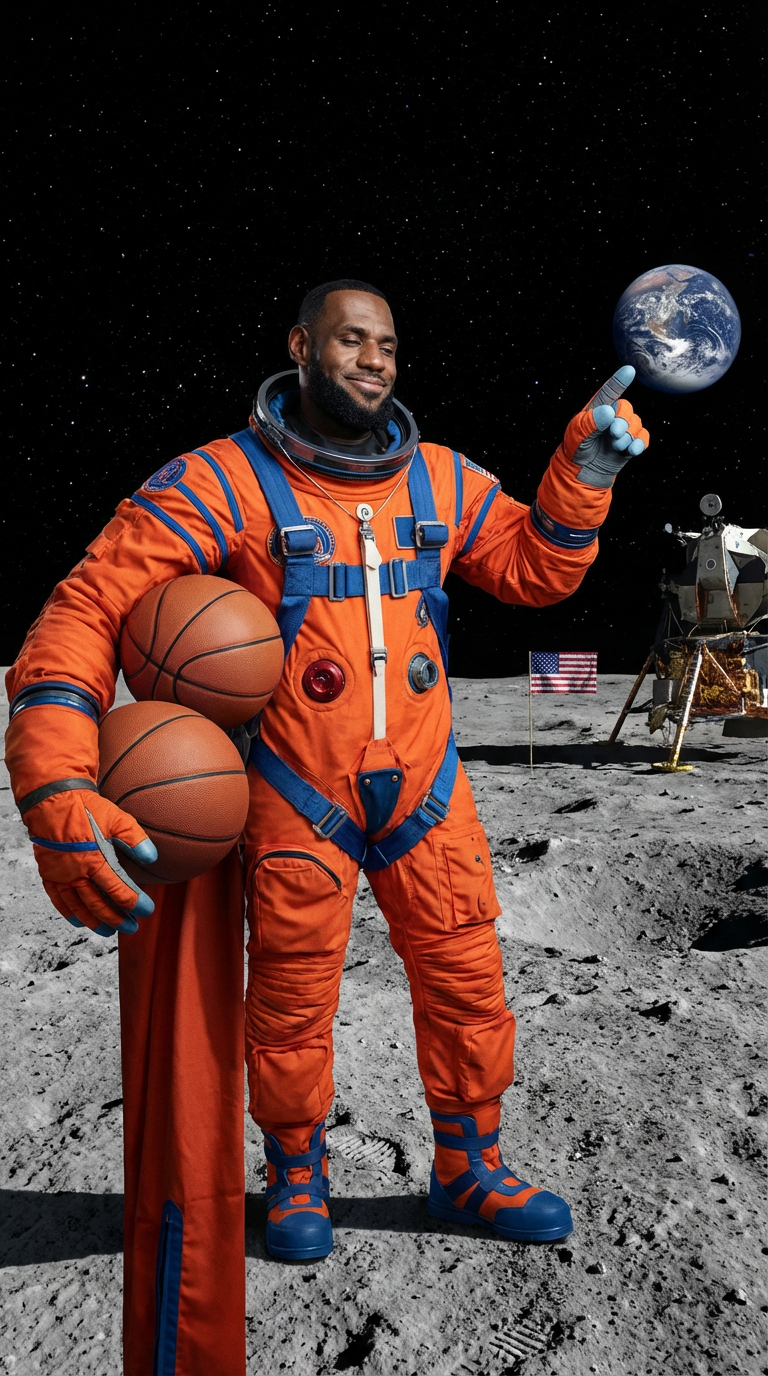 AI generated image using NANO_BANANA_PRO: LeBron James, basketball in hand, looks content as he stands ready on the moon. ...