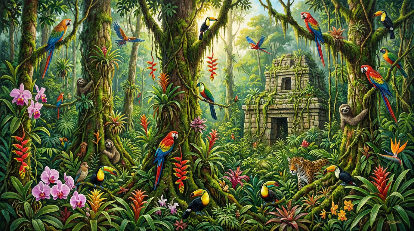 AI generated image using NANO_BANANA_PRO: Draw a picture of the heart of the beautiful, lush Peruvian jungle.