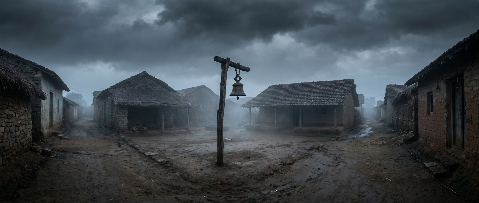 AI generated image using NANO_BANANA_PRO: A mysterious rural Indian village in the early morning, light fog covering the a...