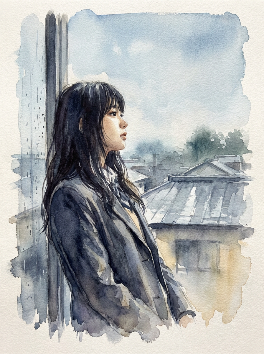 AI generated image using NANO_BANANA_PRO: Matte watercolor texture, anime high school girl gazing through rain-streaked wi...