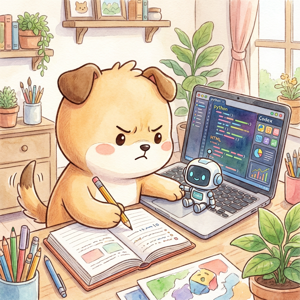 AI generated image using NANO_BANANA_PRO: A cute puppy character designer learning to code with a codex in front of a lapt...