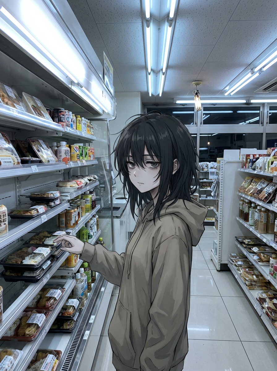 AI generated image using NANO_BANANA_PRO: Harsh fluorescent convenience store lighting, anime girl browsing konbini shelve...