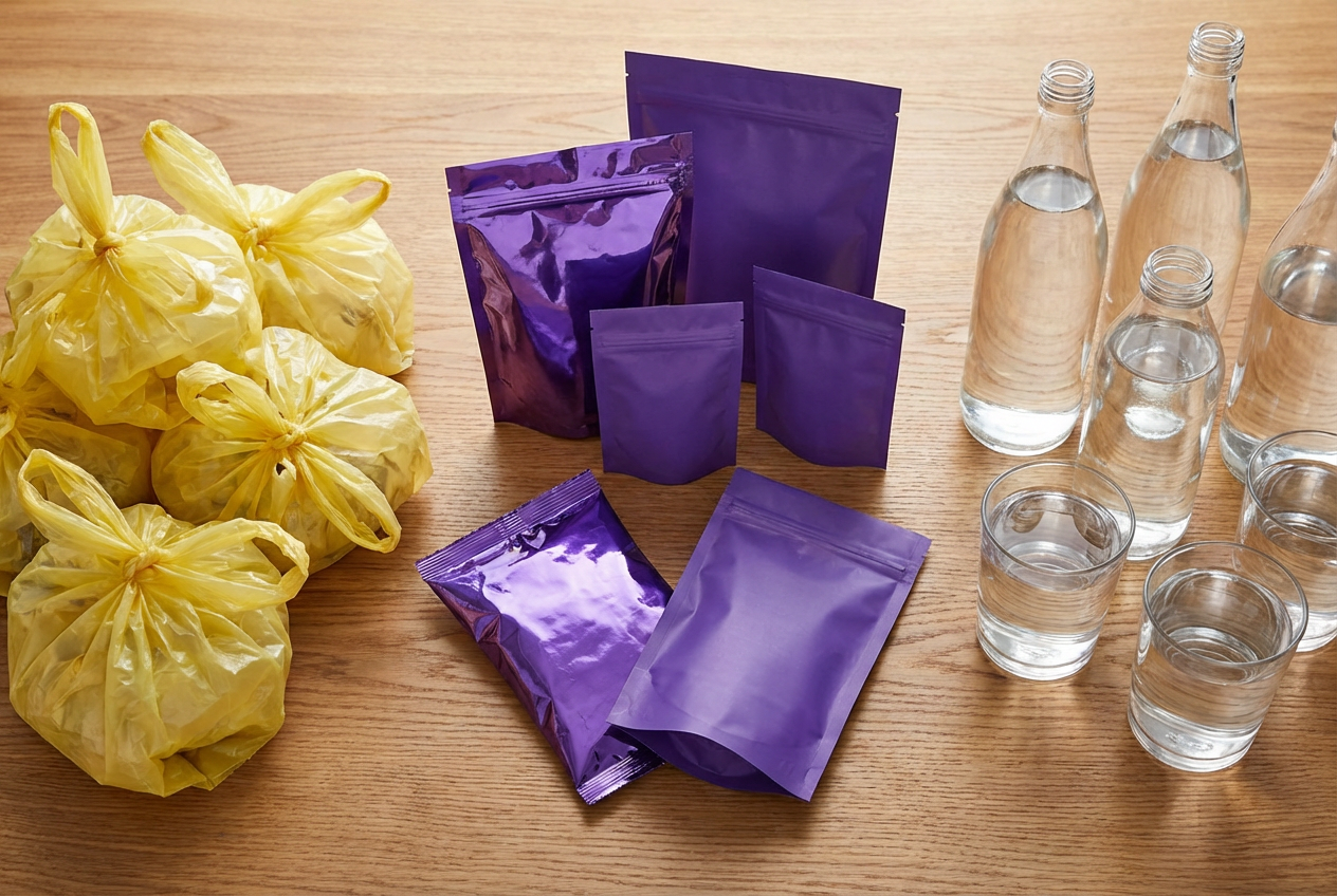AI generated image using NANO_BANANA_PRO: Group 1: Yellow plastic bag Group 2: Purple packaging bag Group 3: Plain water