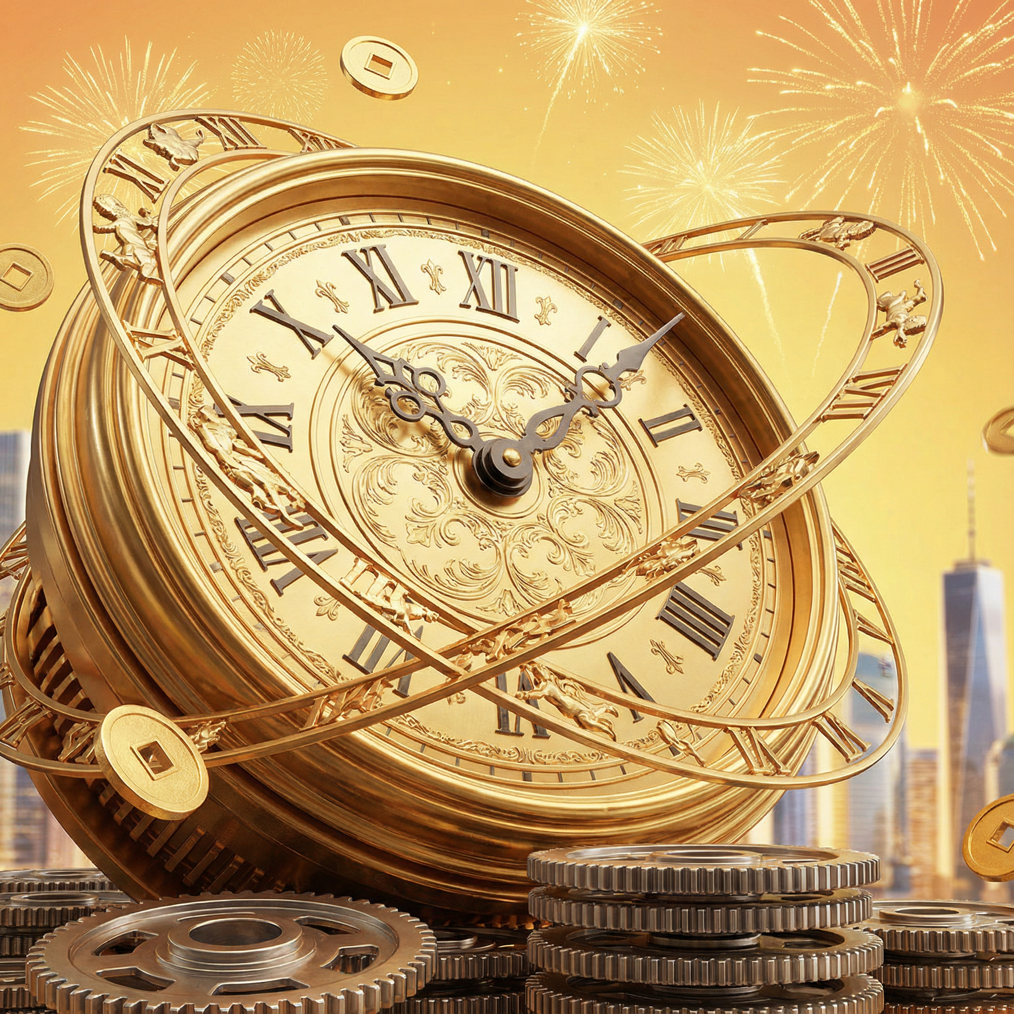 AI generated image using NANO_BANANA_PRO: - Subject: A massive golden circular mechanical clock face, golden Roman numeral...