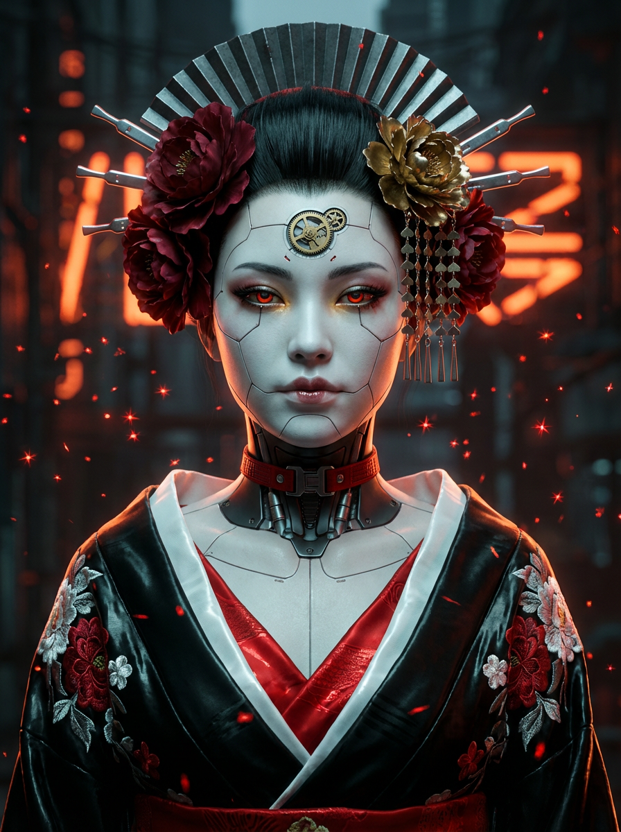 AI generated image using NANO_BANANA_PRO: Subject: Cyberpunk manga-style mature geisha, porcelain-white mechanical skin ad...