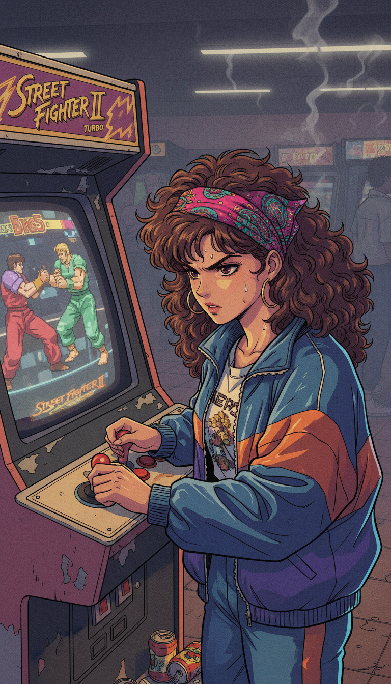 AI generated image using NANO_BANANA: Retro 1980s anime style, a cool teenage girl with permed brown hair and a colorf...