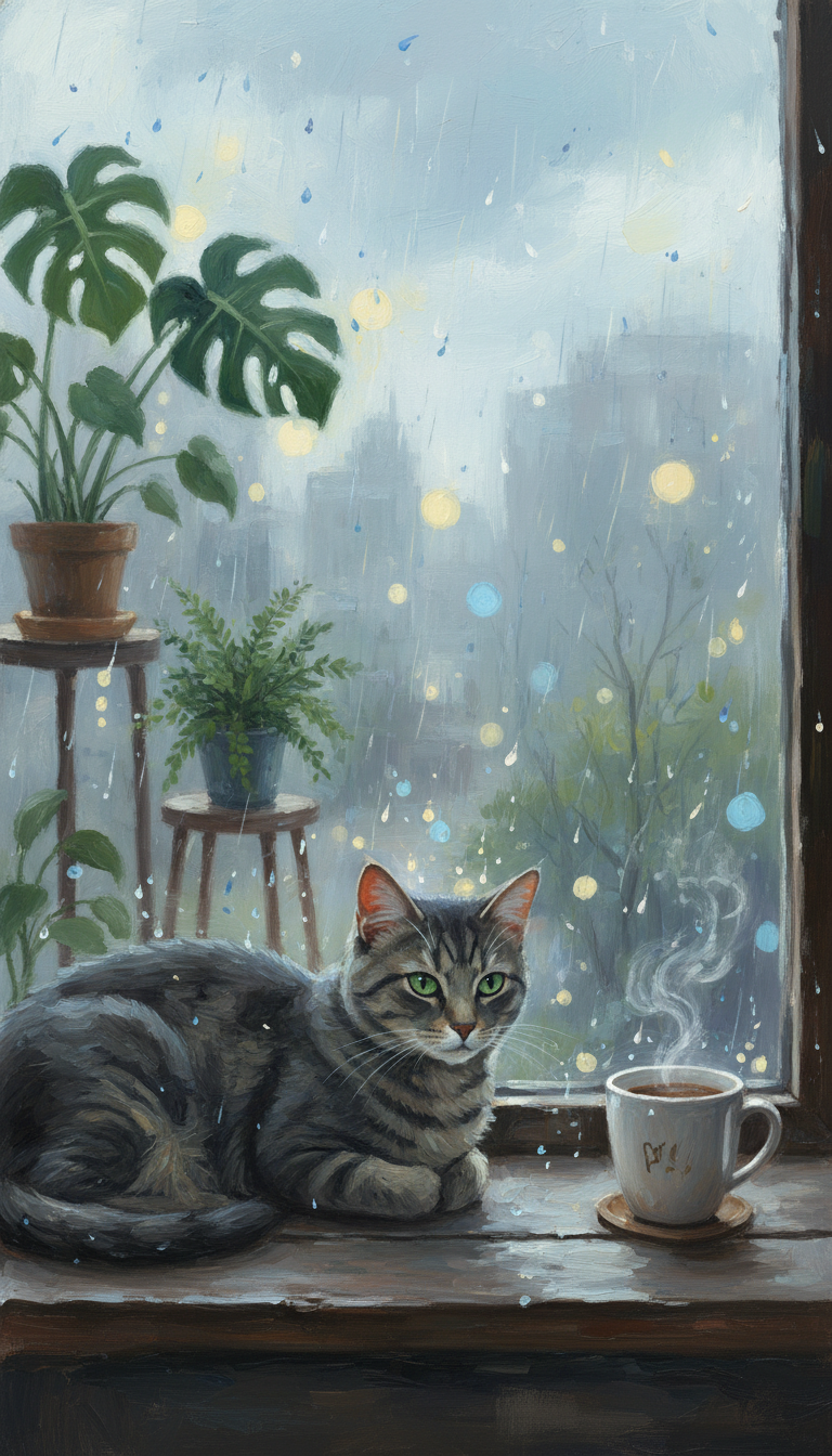 AI generated image using NANO_BANANA: 
a gray tabby cat sitting on windowsill watching rain, water droplets on glass c...
