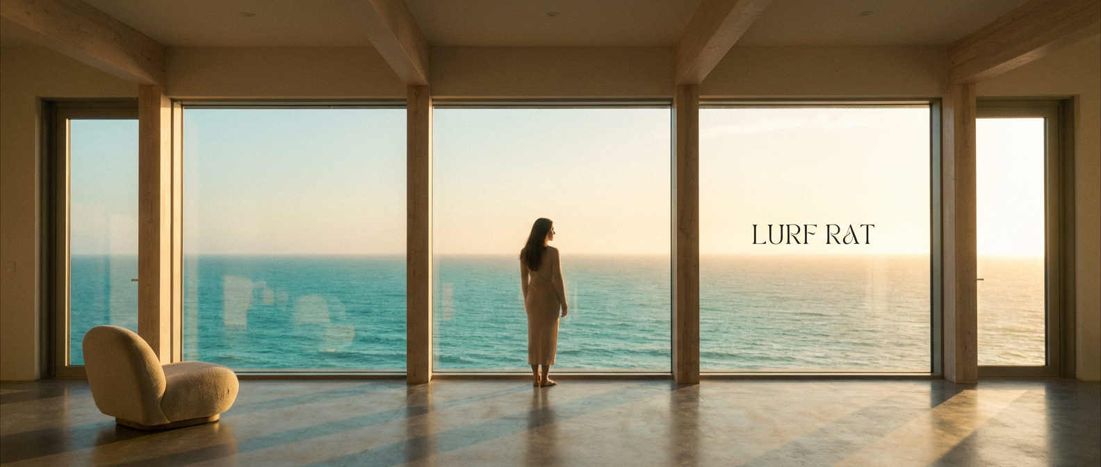 AI generated image using NANO_BANANA_PRO: A person looking through a large floor-to-ceiling window at the turquoise ocean,...