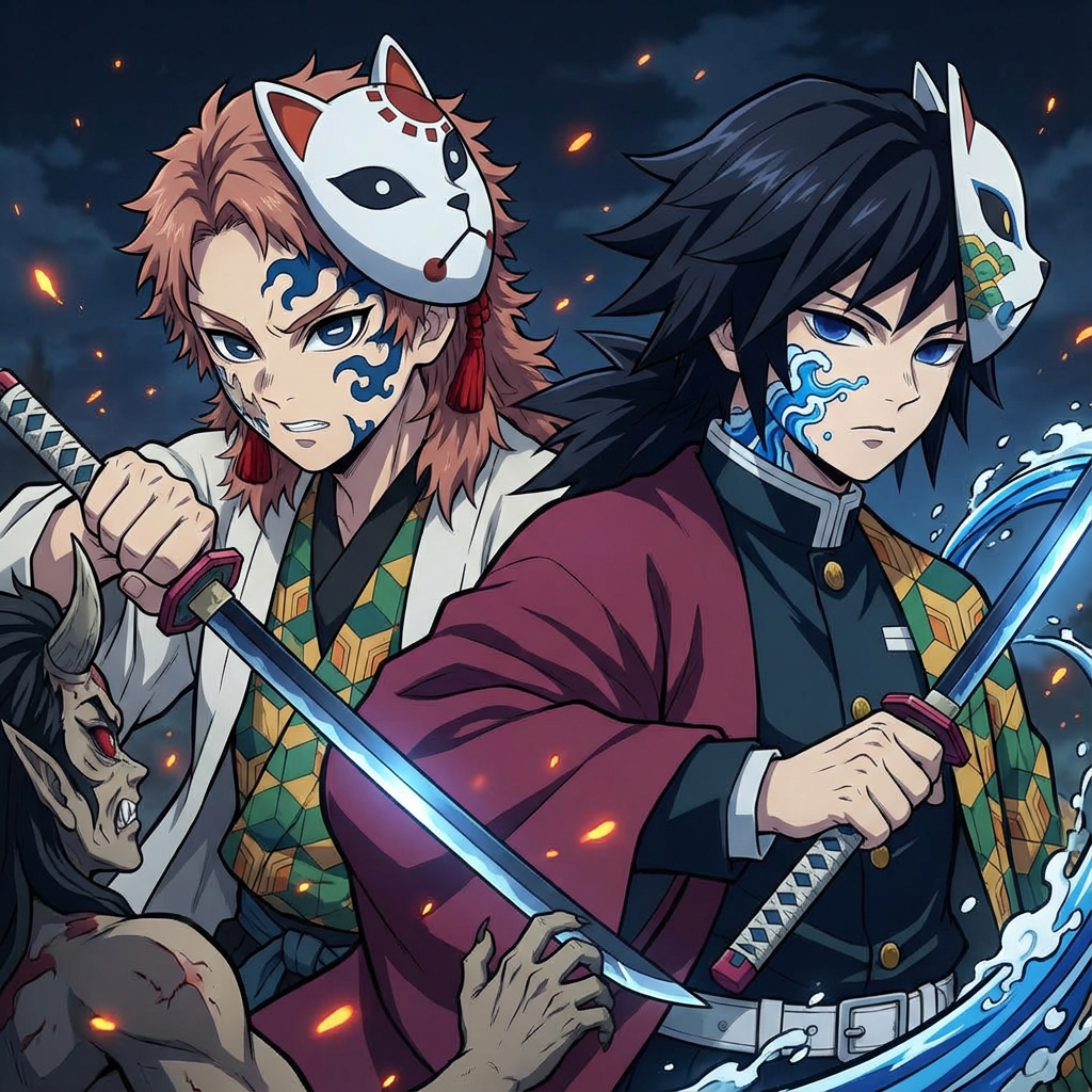 AI generated image using NANO_BANANA_PRO: Please draw an image of the Demon Slayer character Sabito with his mark awakened...