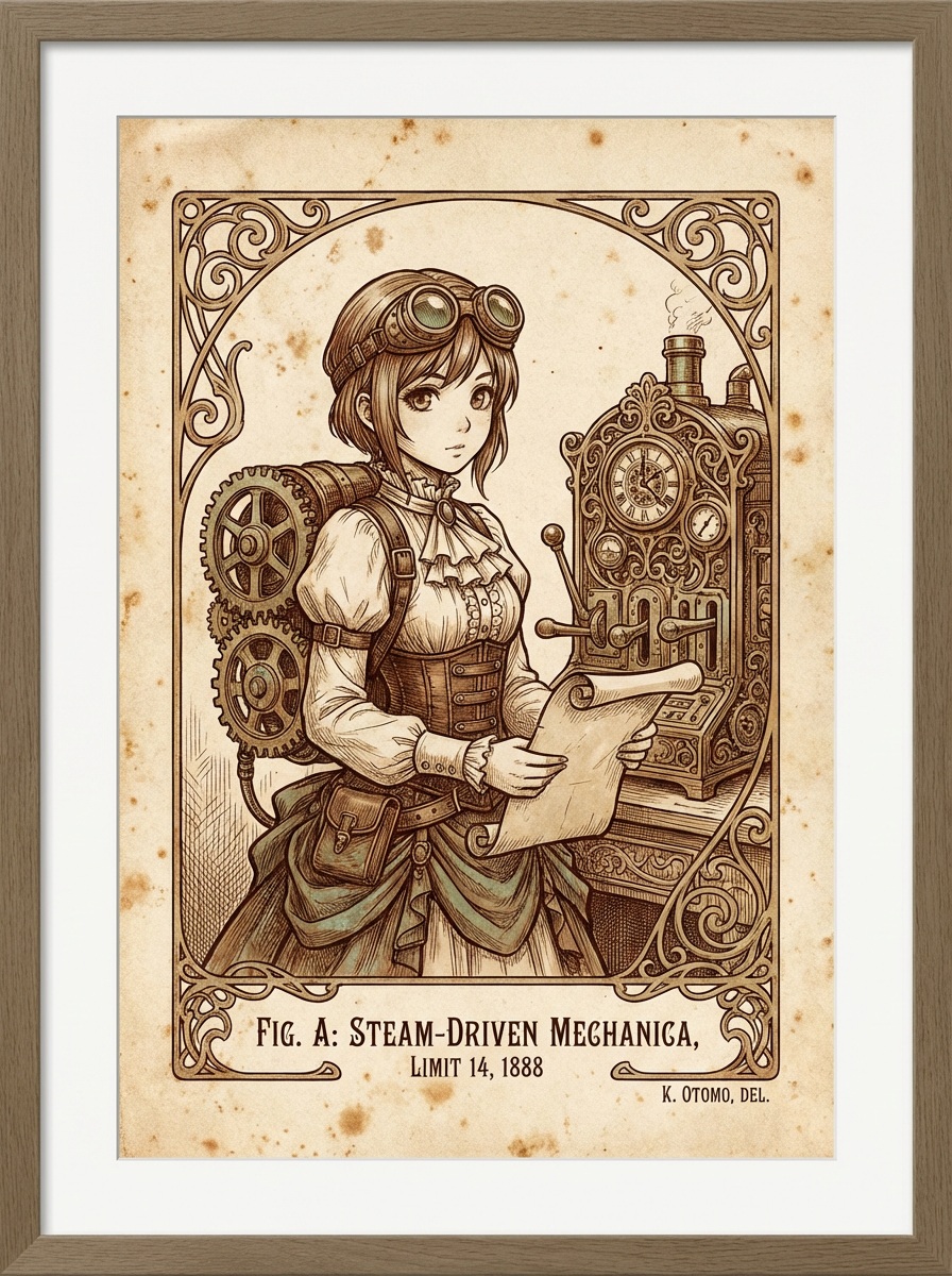 AI generated image using NANO_BANANA_PRO: Victorian lithograph print style, steampunk anime girl with brass goggles and cl...