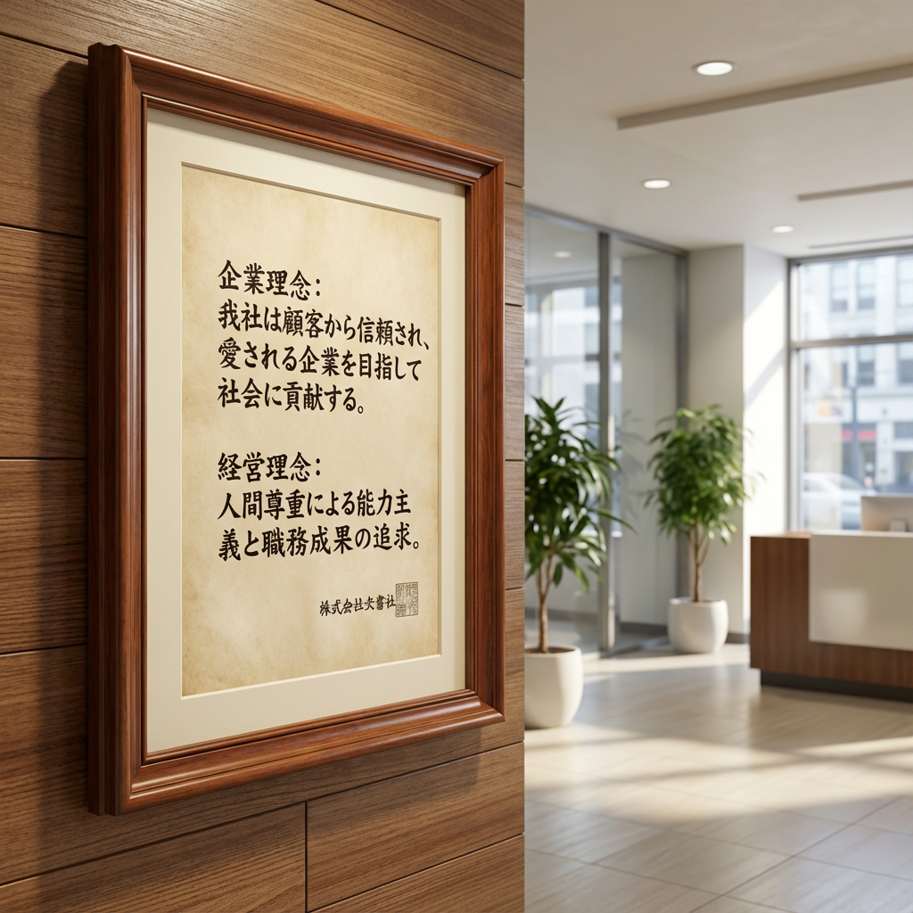 AI generated image using NANO_BANANA_PRO: Corporate Philosophy: Our company contributes to society by aiming to be a compa...