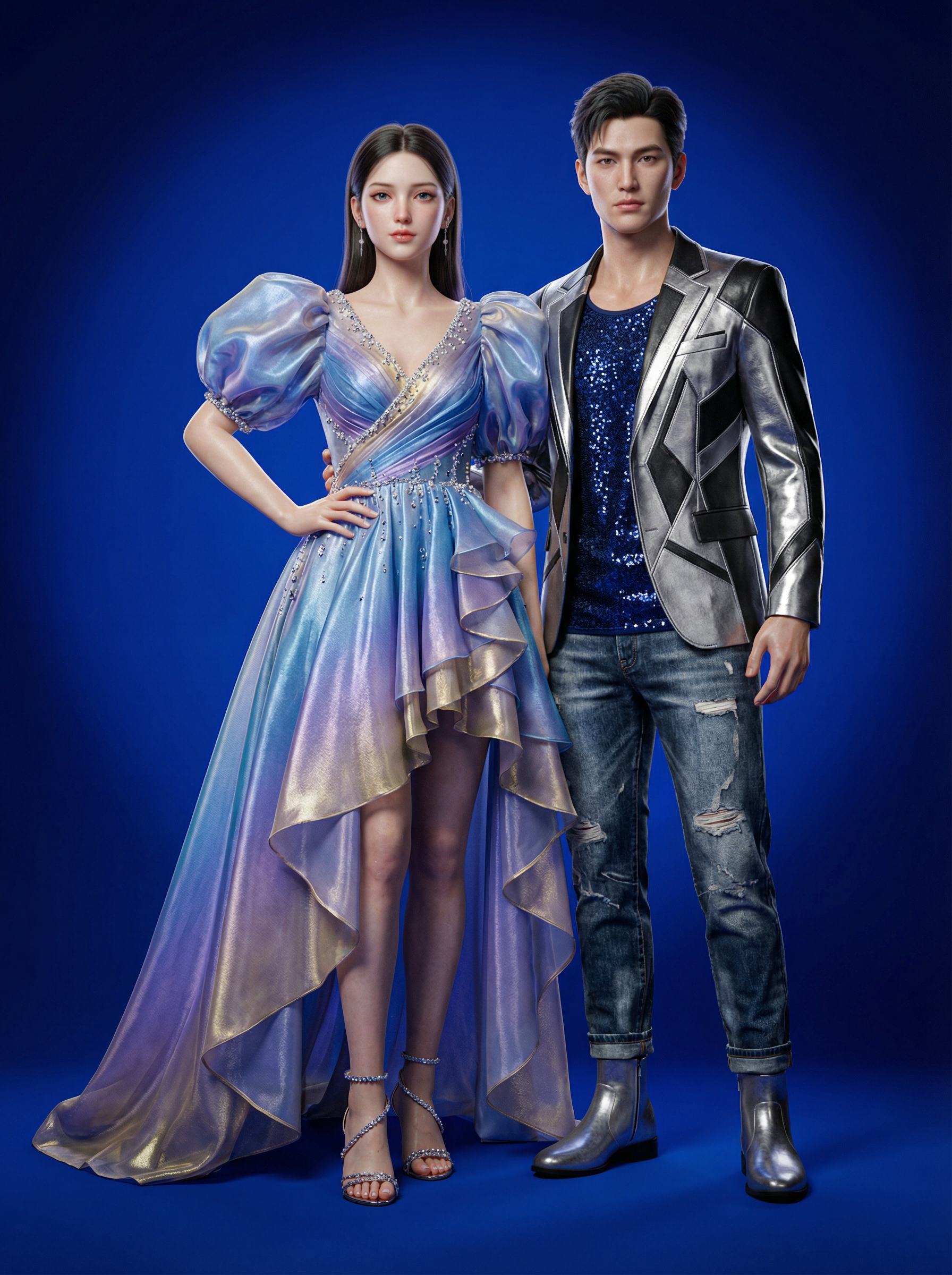 AI generated image using NANO_BANANA_PRO: I want to create a couple's fashion show for a celebrity-themed corporate stage ...
