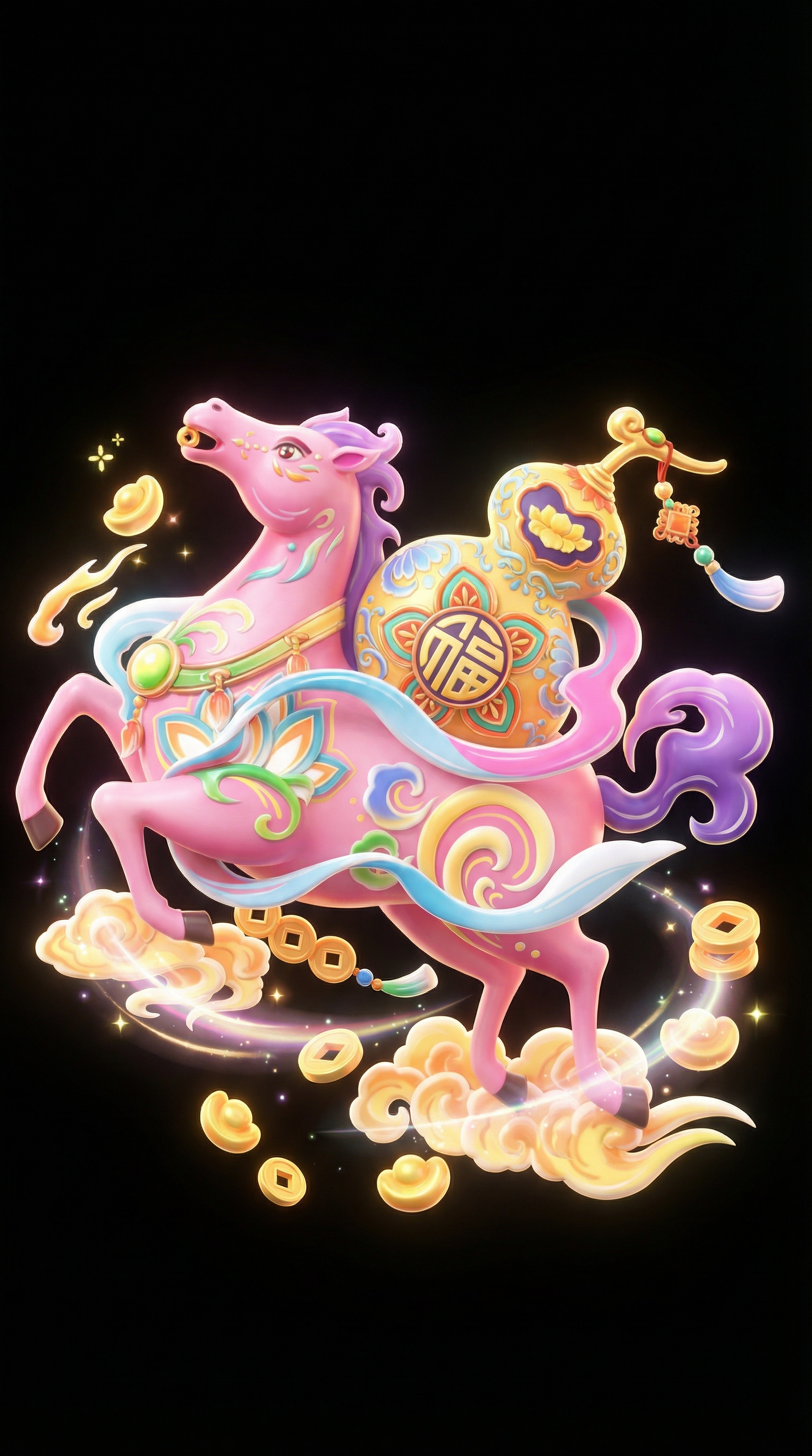 AI generated image using NANO_BANANA_PRO: A 3D chibi-style cute horse carrying a gourd or a lantern on its back. No white ...