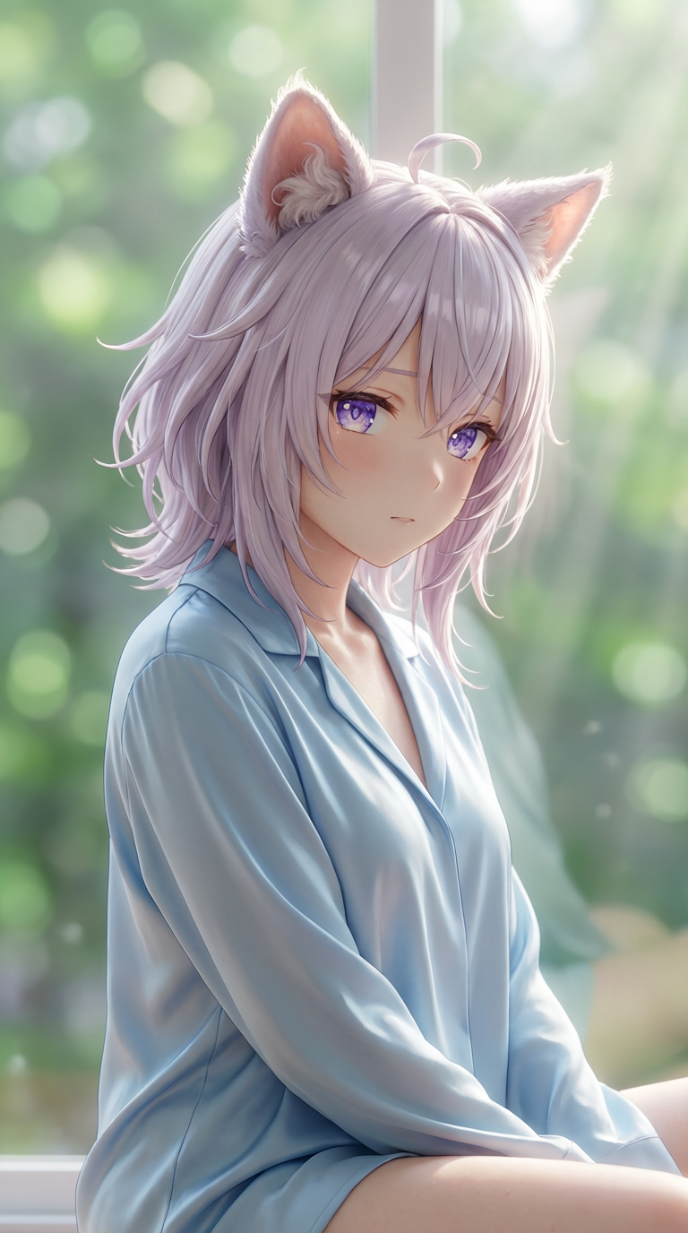AI generated image using NANO_BANANA_PRO: Subject: A cat-eared girl with messy lavender hair and star-like purple eyes. Sh...