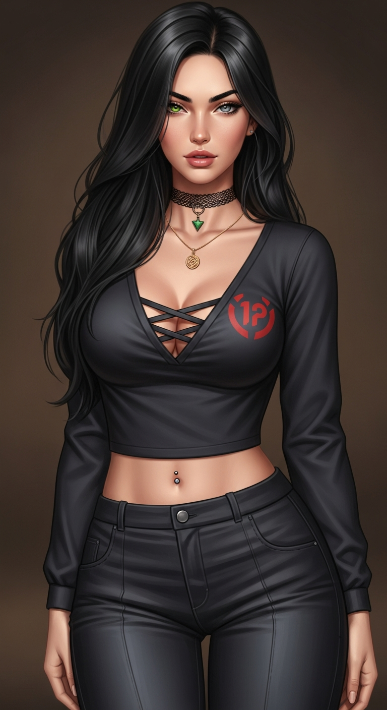 AI generated image using IMAGE4: create a 22-year-old girl, 163 cm tall, black hair, pretty face resembling Megan...