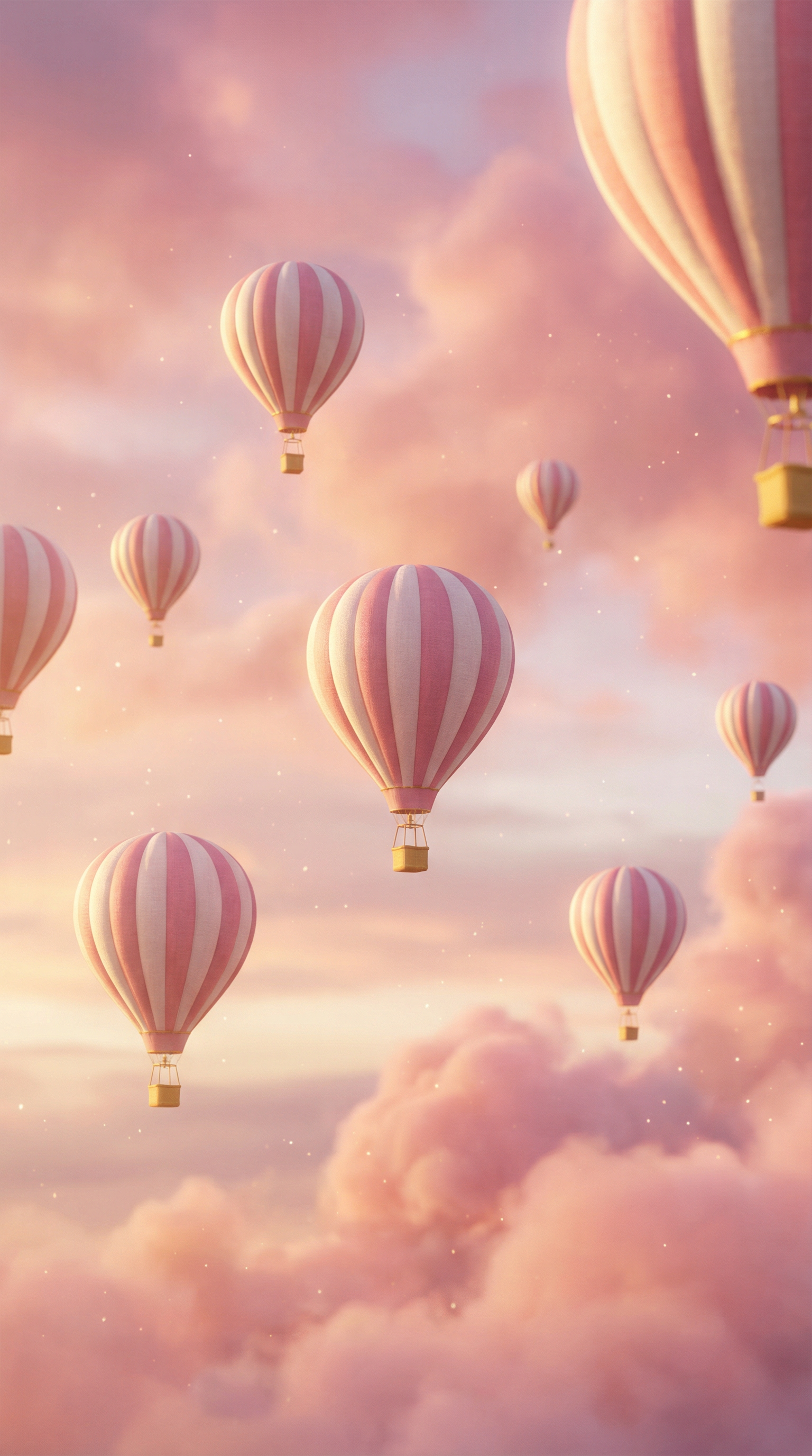 AI generated image using NANO_BANANA_PRO: Dreamy pastel sky filled with soft fluffy pink clouds, multiple pink and white s...