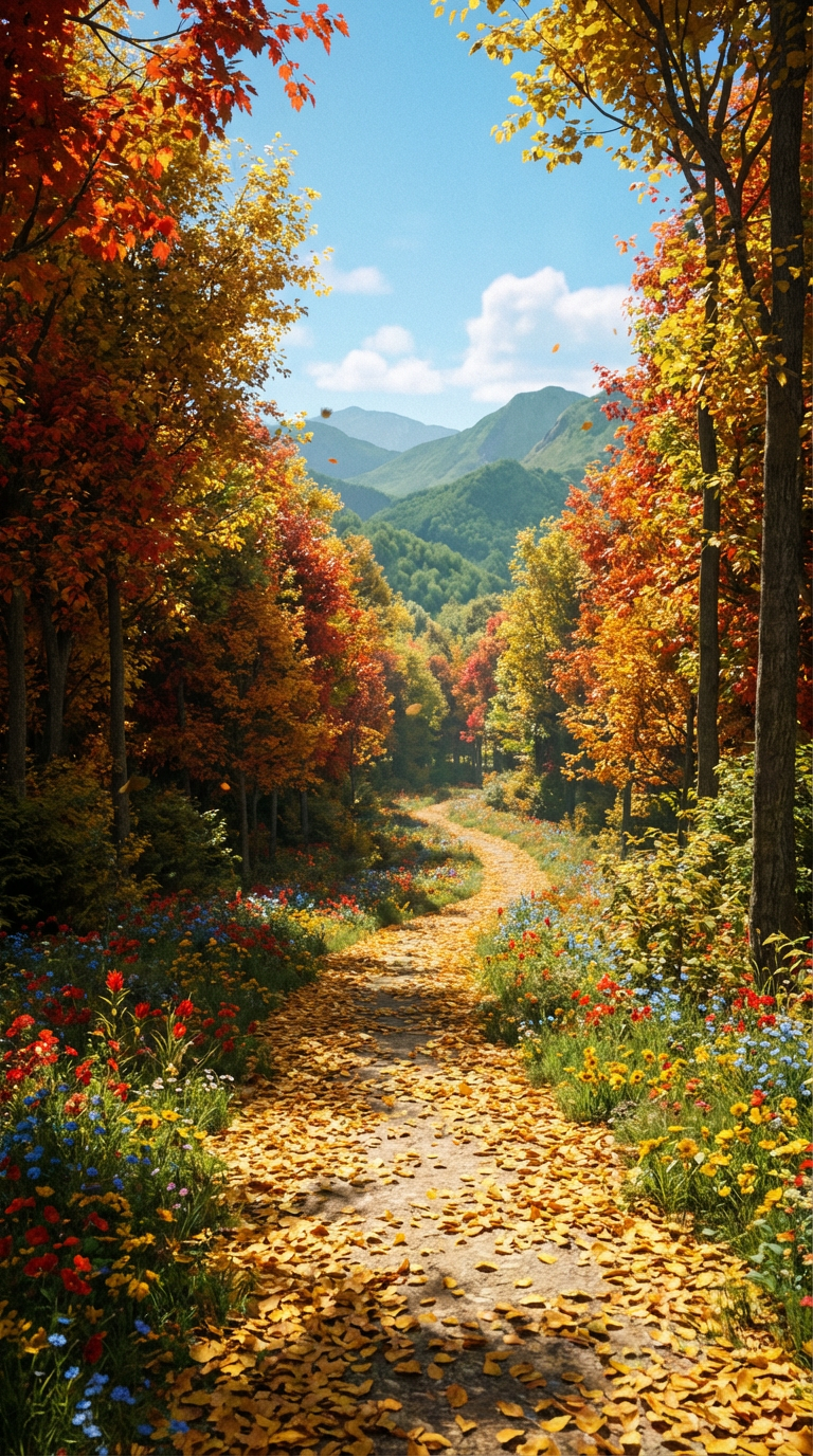 AI generated image using NANO_BANANA_PRO: An autumn mountain path, the ground covered with golden fallen leaves. On both s...