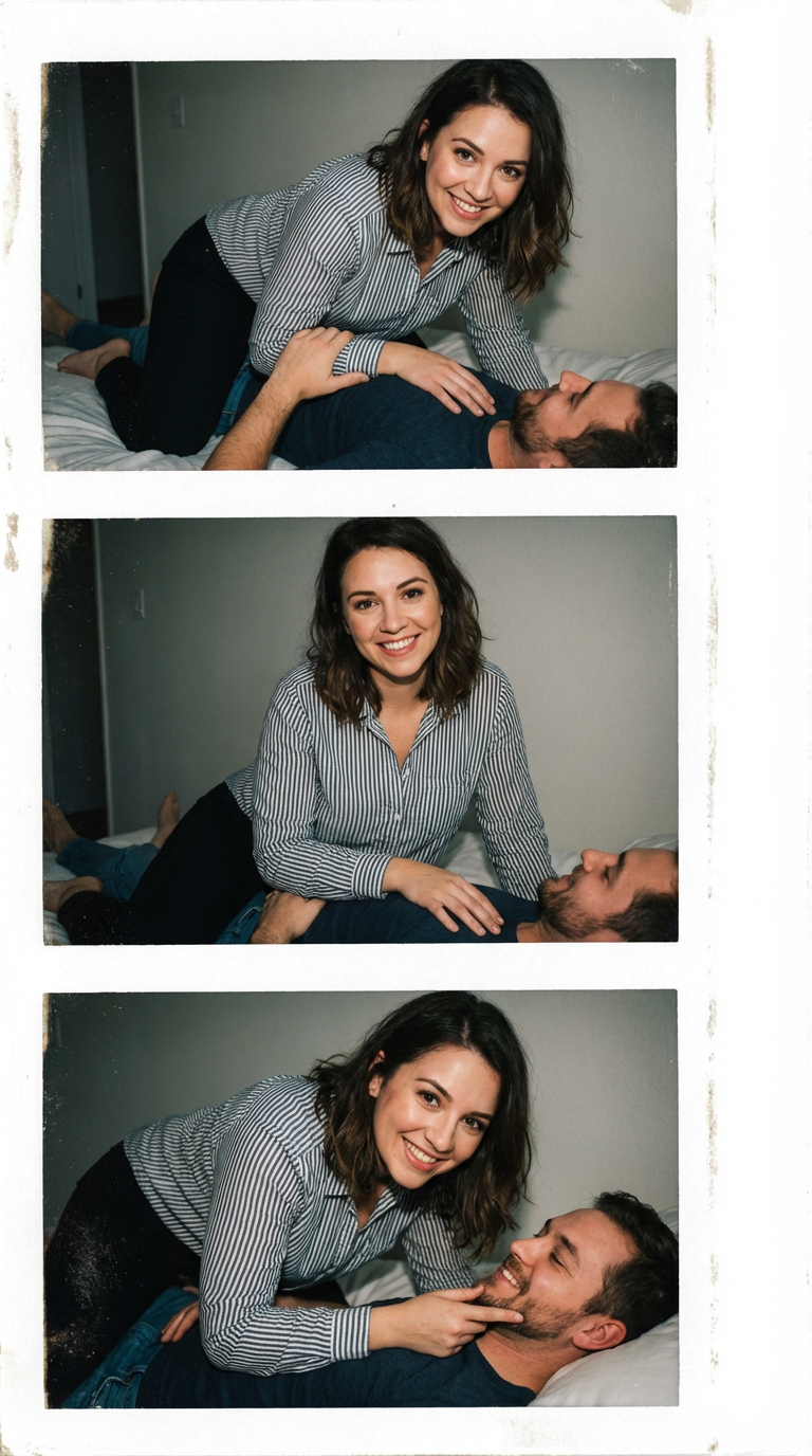 AI generated image using NANO_BANANA_PRO: She laid him down on the bed with an enjoying look in her eyes, her hand touchin...