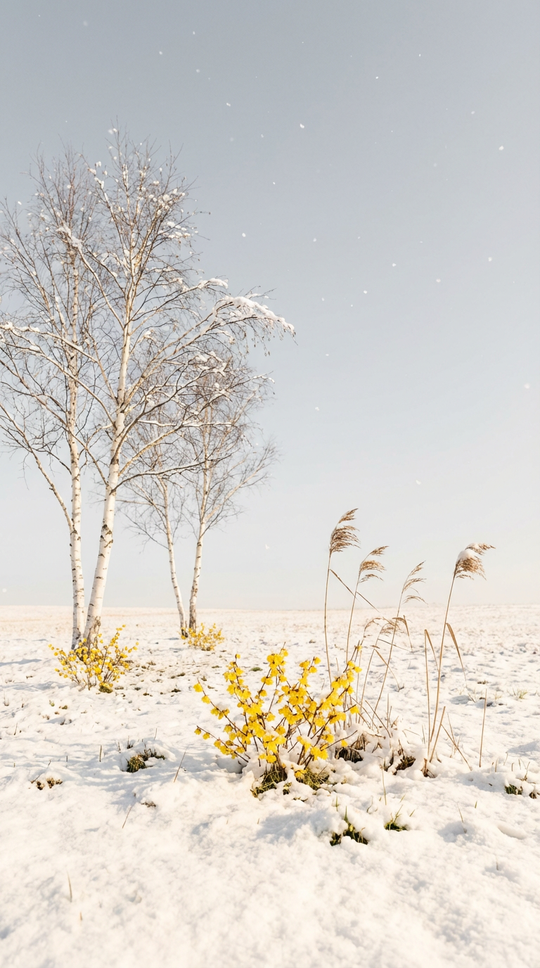 AI generated image using NANO_BANANA_PRO: An open wilderness covered in a thin layer of snow. A few sparse white birch tre...