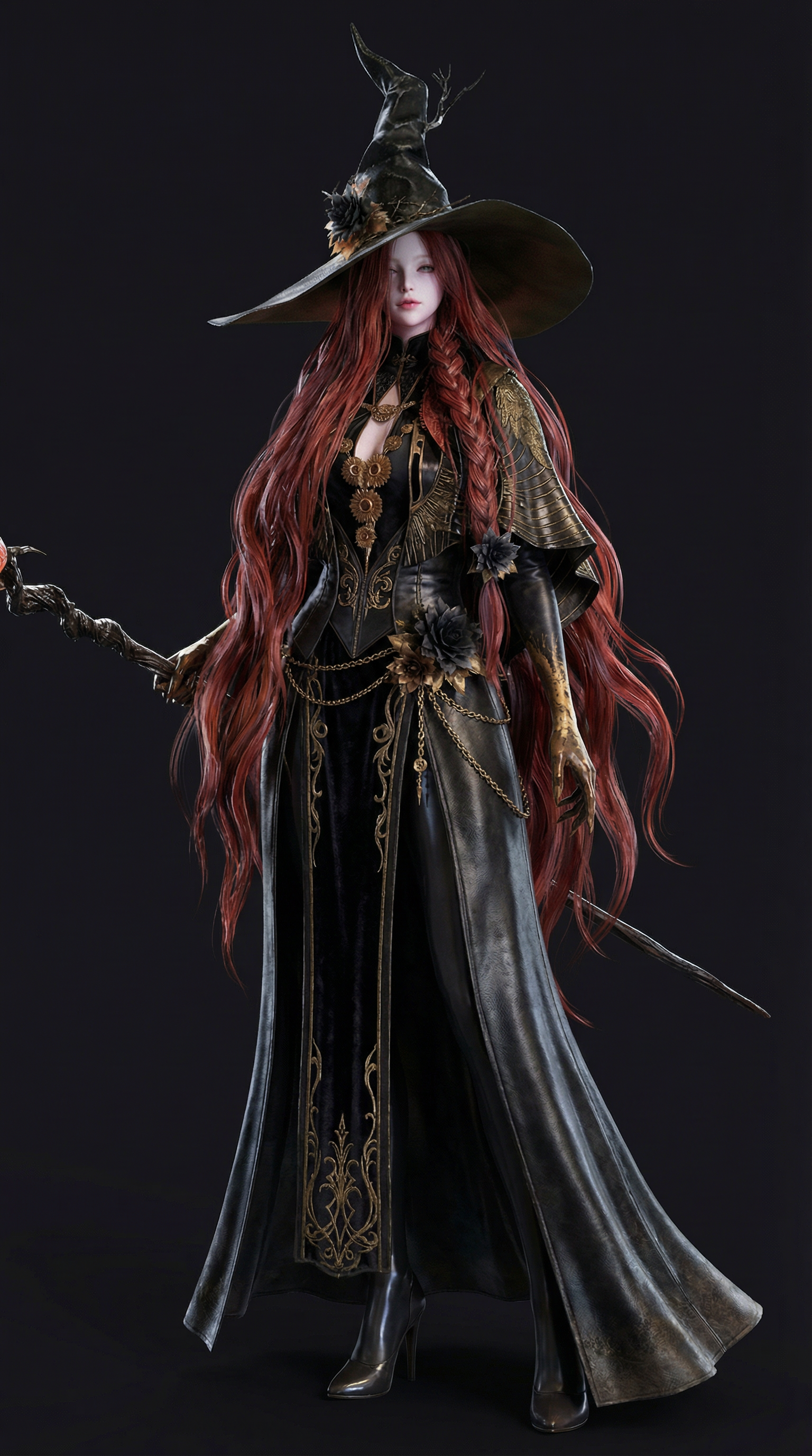 AI generated image using NANO_BANANA_PRO: full body character reference, Serka from Lost Ark, dark fantasy witch character...