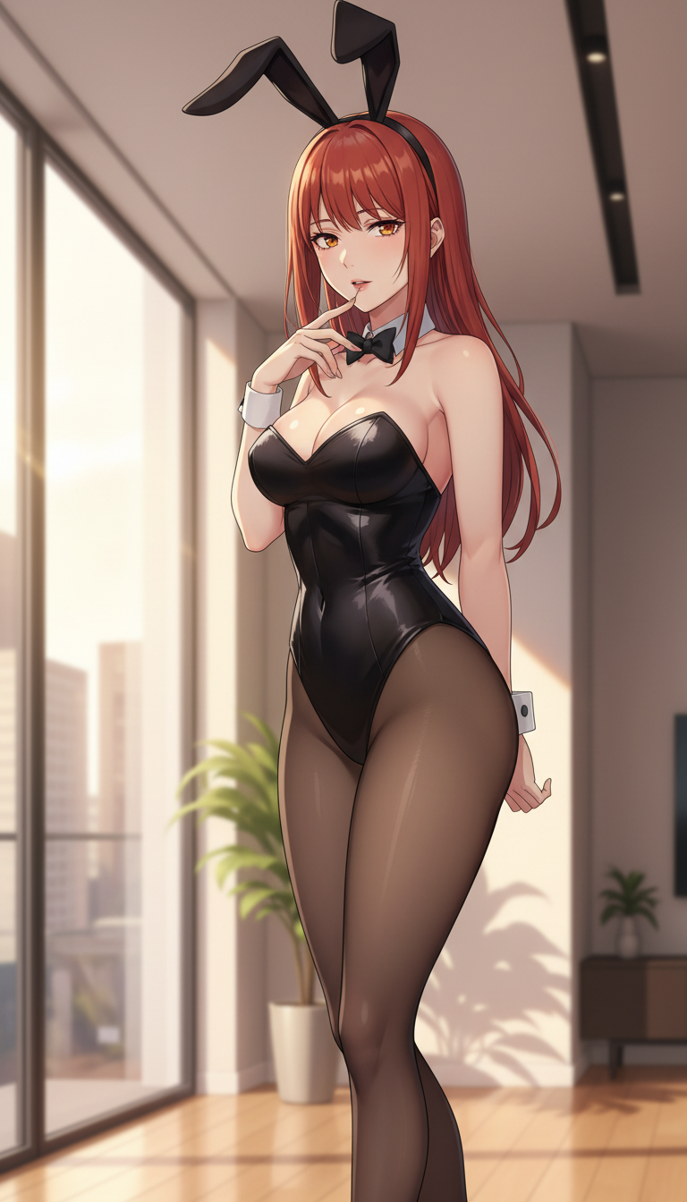 AI generated image using WERYAI_IMAGE_1_0: Anime-style illustration of Makima from Chainsaw Man wearing a glossy black stra...