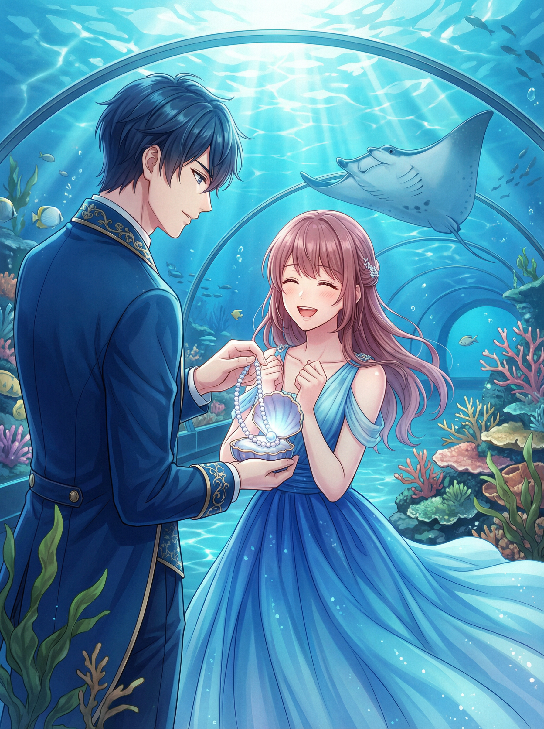 AI generated image using NANO_BANANA_PRO: Otome game CG illustration, exquisitely beautiful, inside a massive underwater g...