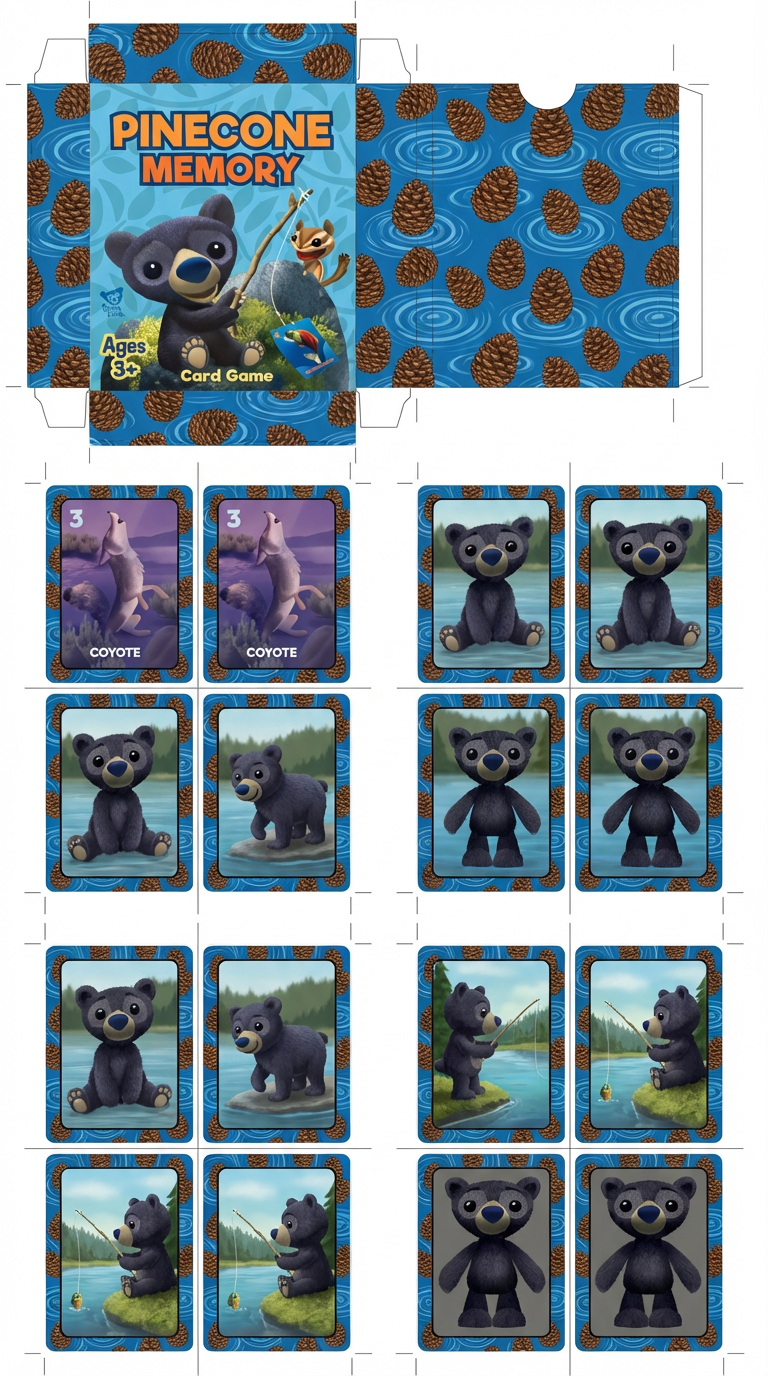 AI generated image using NANO_BANANA_PRO: create a pdf of a memory game of 28 pairs of cards  with a blue box and this cha...