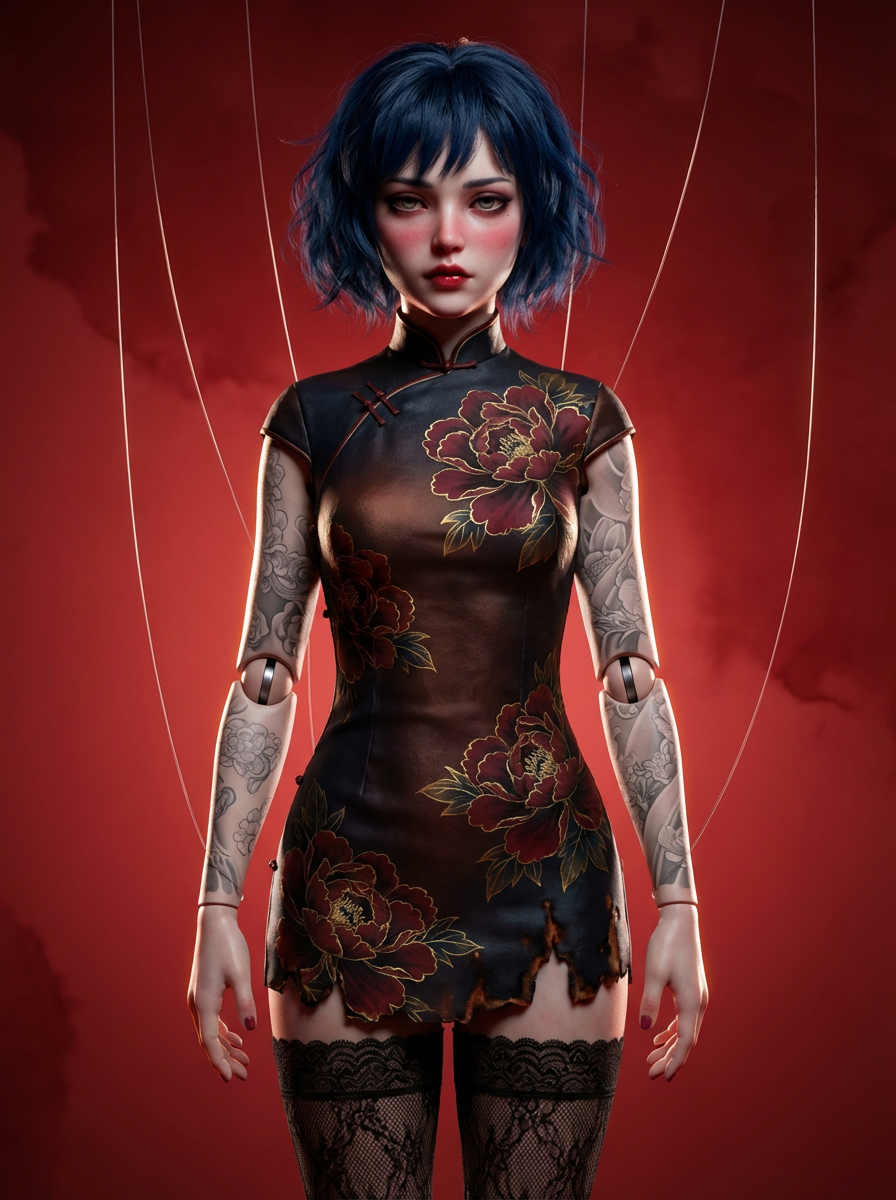 AI generated image using NANO_BANANA_PRO: Subject: A ball-jointed doll girl with hollow, obsessive eyes and messy deep blu...