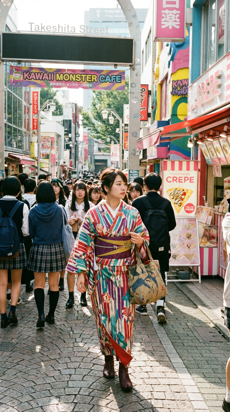 AI generated image using NANO_BANANA_PRO: A woman in a kimono walks through Harajuku