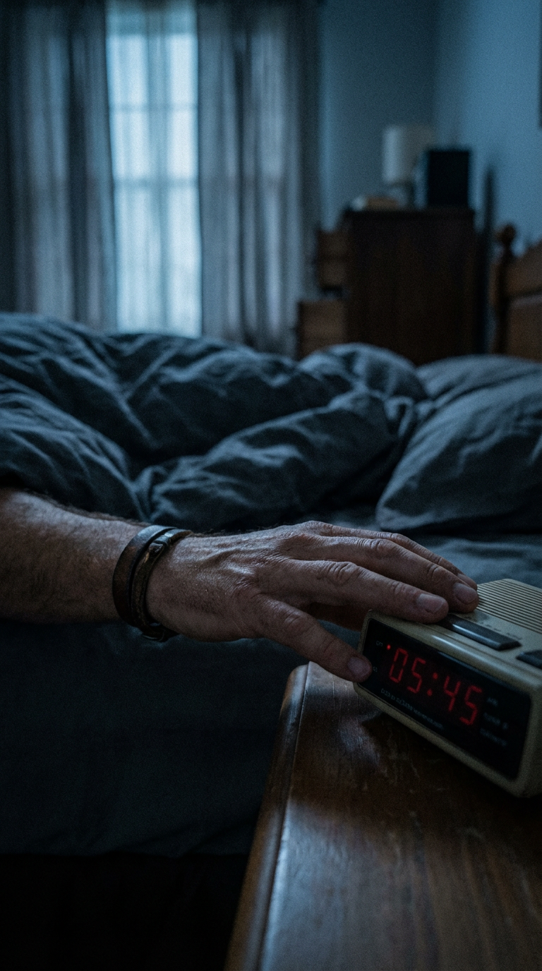 AI generated image using NANO_BANANA_PRO: Dark bedroom at pre-dawn, soft blue ambient light, rugged male hand reaching to ...