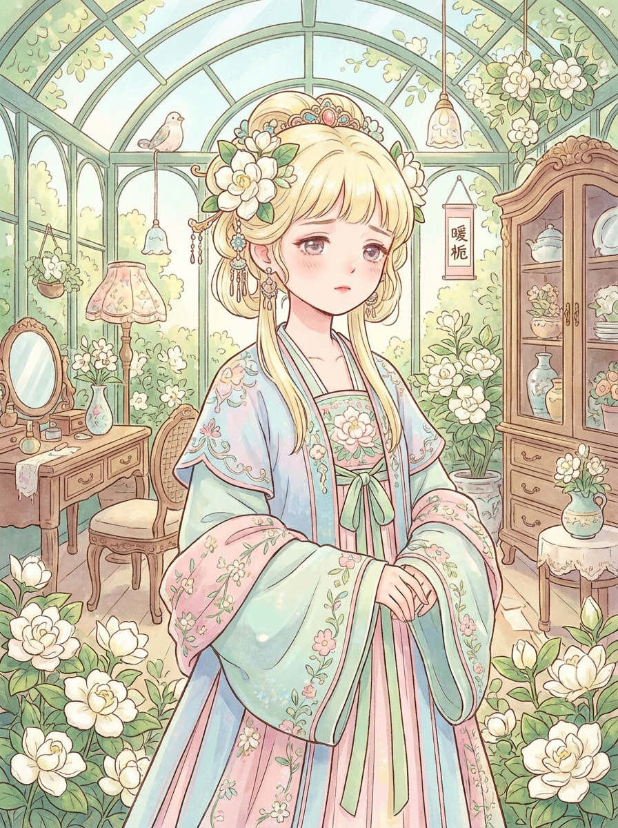 AI generated image using NANO_BANANA_PRO: Draw a random illustration in a high-quality art style: Warm Gardenia. The chara...