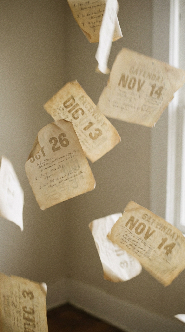 AI generated image using NANO_BANANA_PRO: torn calendar pages scattered and floating mid-air, surreal collage aesthetic, f...