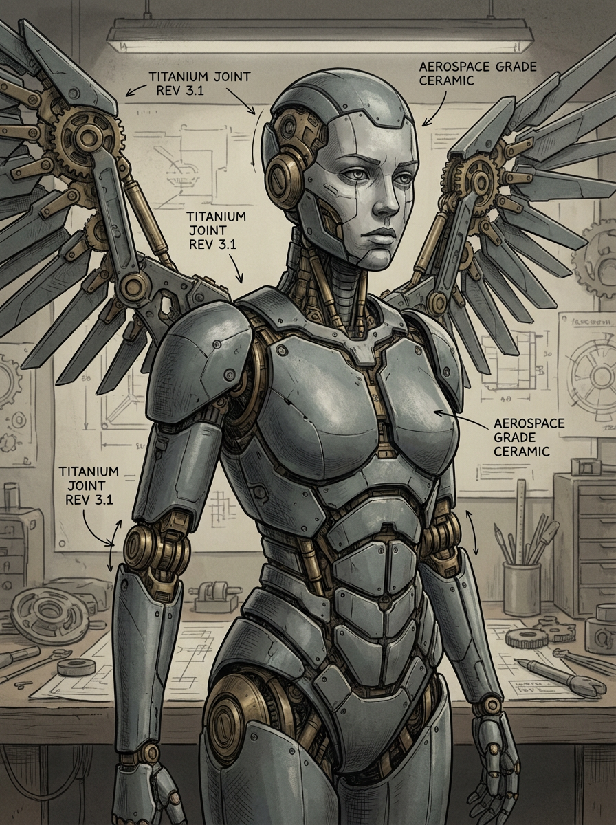 AI generated image using NANO_BANANA_PRO: Industrial design aesthetic, matte finish mechanical angel anime girl, exposed t...