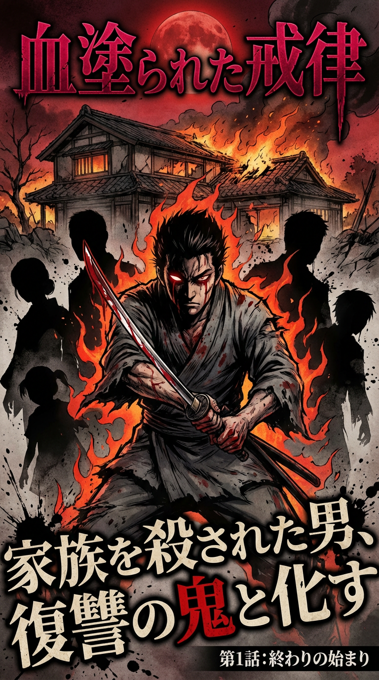 AI generated image using NANO_BANANA_PRO: A manga about a man whose family was killed in the first chapter seeking revenge...