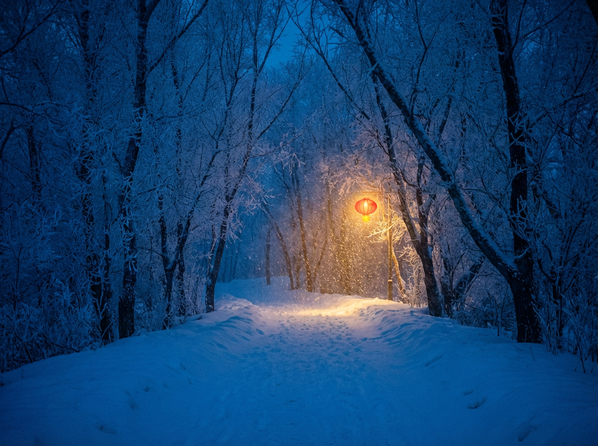 AI generated image using NANO_BANANA_PRO: Cinematic scene design, a freezing cold night, wide-angle lens, a winding path c...